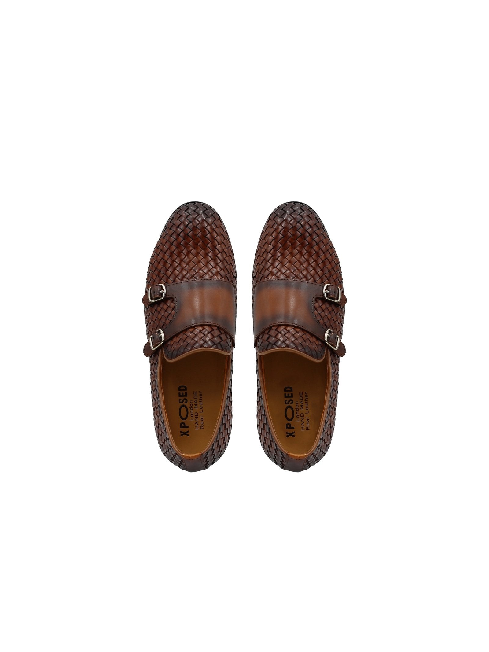 BROWN WOVEN LEATHER DOUBLE MONK SHOES