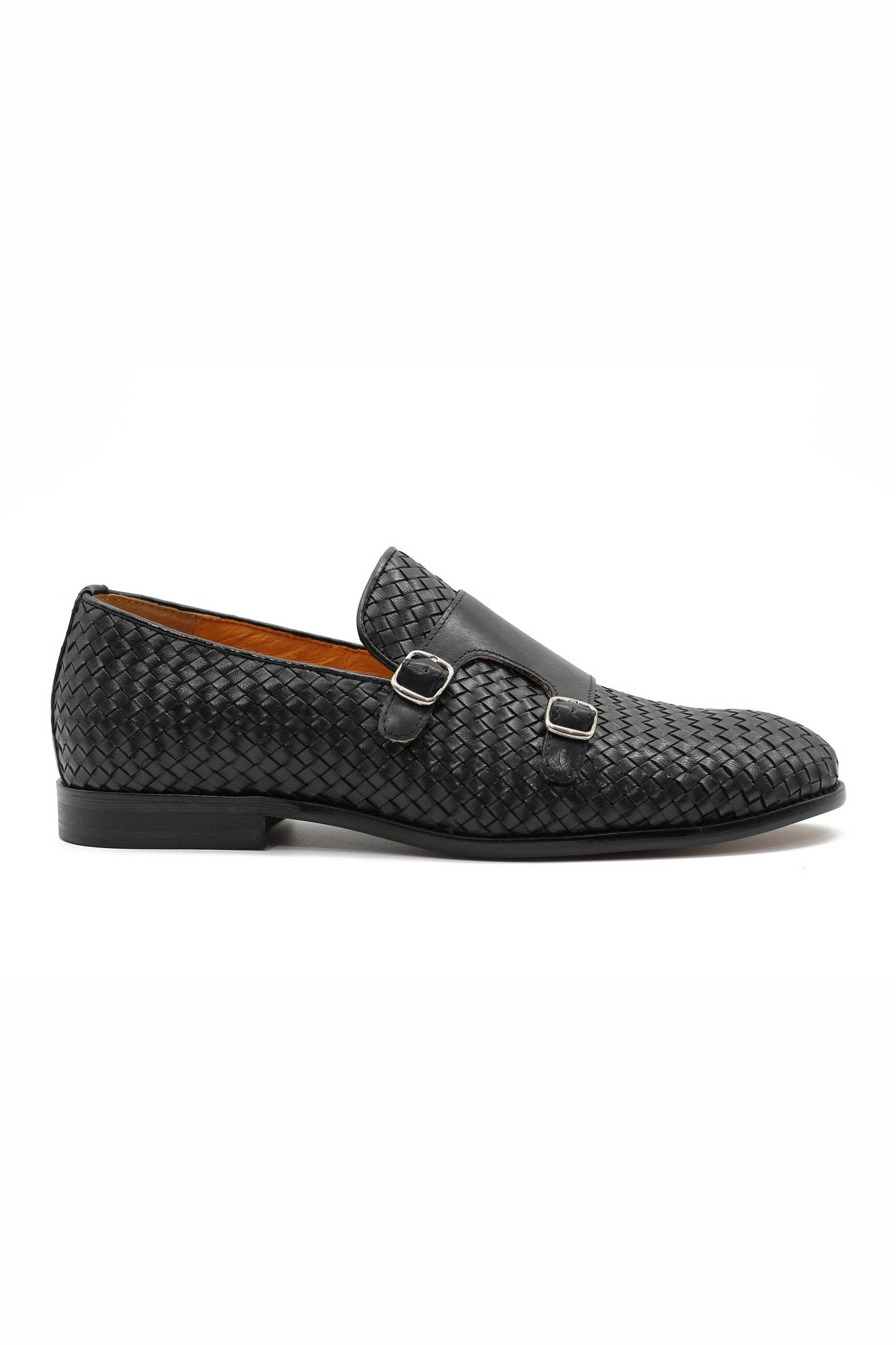 BLACK WOVEN LEATHER DOUBLE MONK SHOES