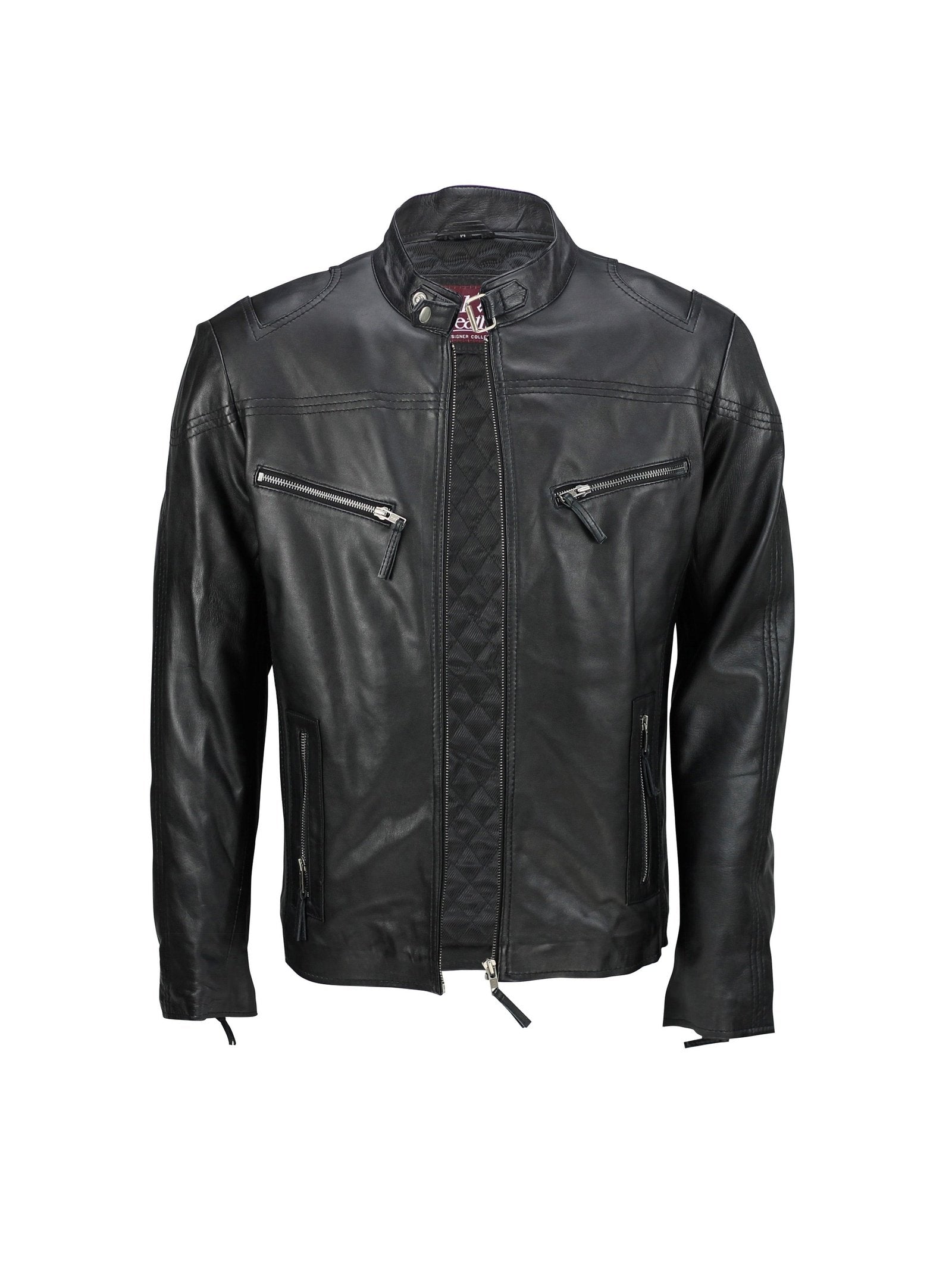 Mens Vintage Real Leather Black Biker Style Zipped Pockets Casual Fitted Jacket