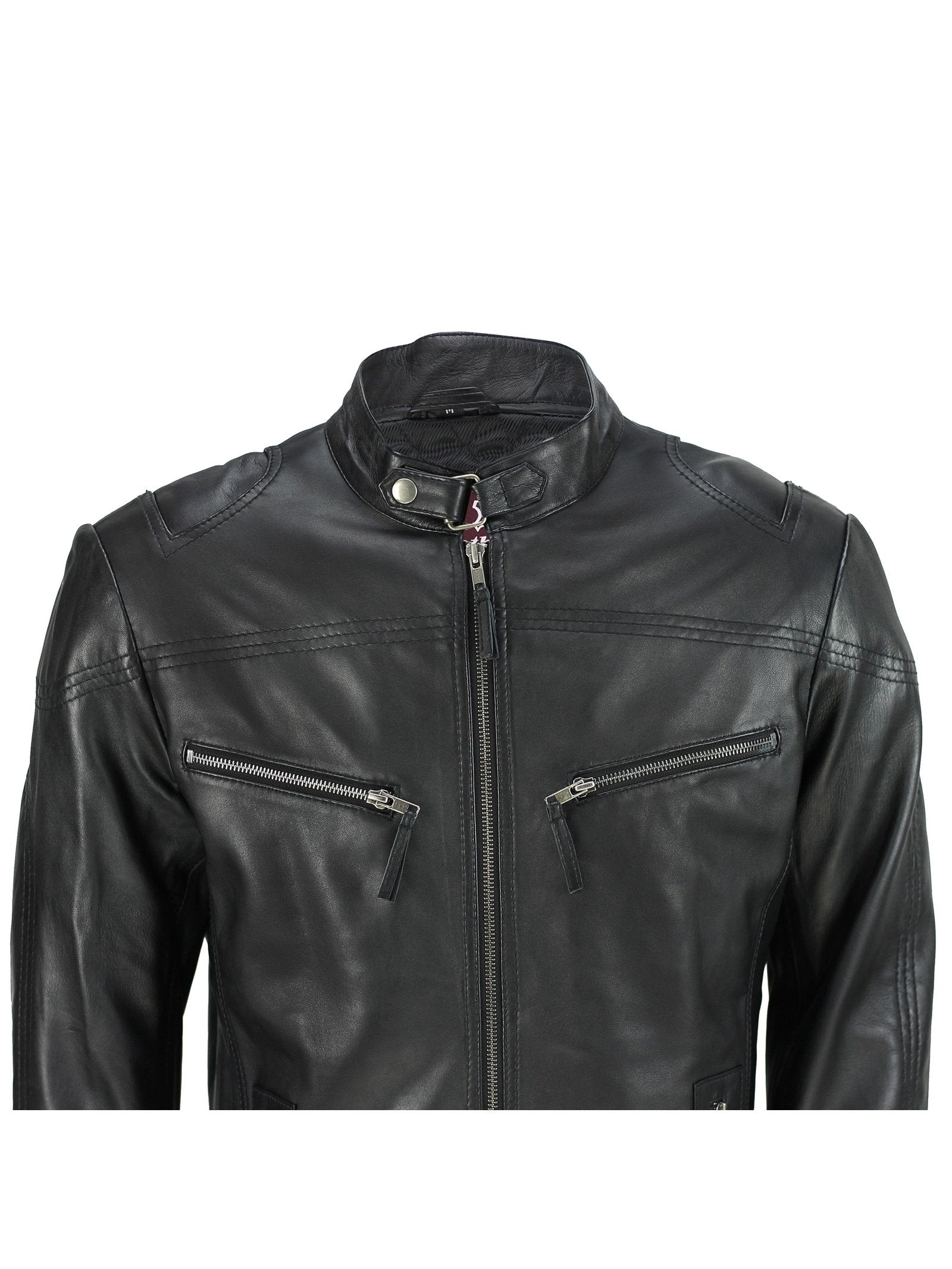Mens Vintage Real Leather Black Biker Style Zipped Pockets Casual Fitted Jacket