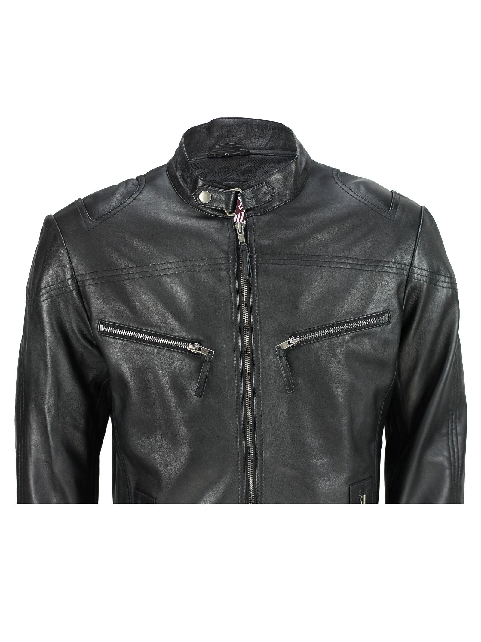 Mens Vintage Real Leather Black Biker Style Zipped Pockets Casual Fitted Jacket