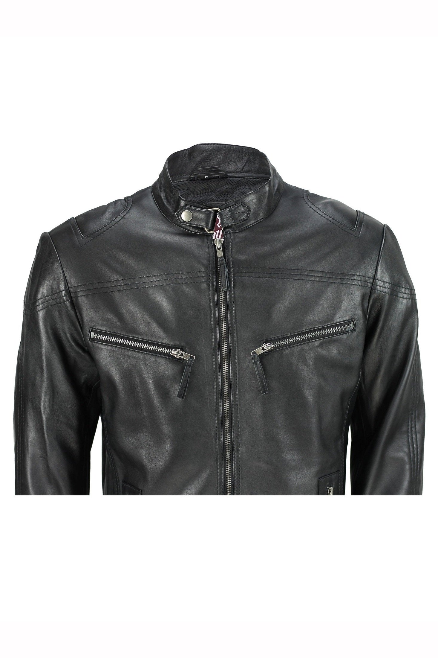 Mens Vintage Real Leather Black Biker Style Zipped Pockets Casual Fitted Jacket