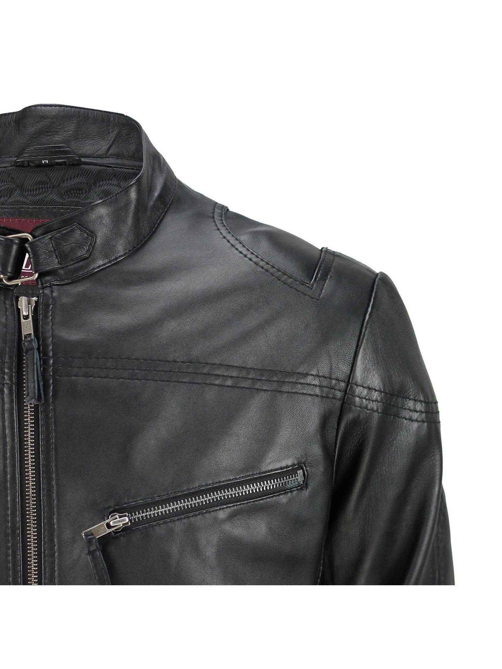 Mens Vintage Real Leather Black Biker Style Zipped Pockets Casual Fitted Jacket