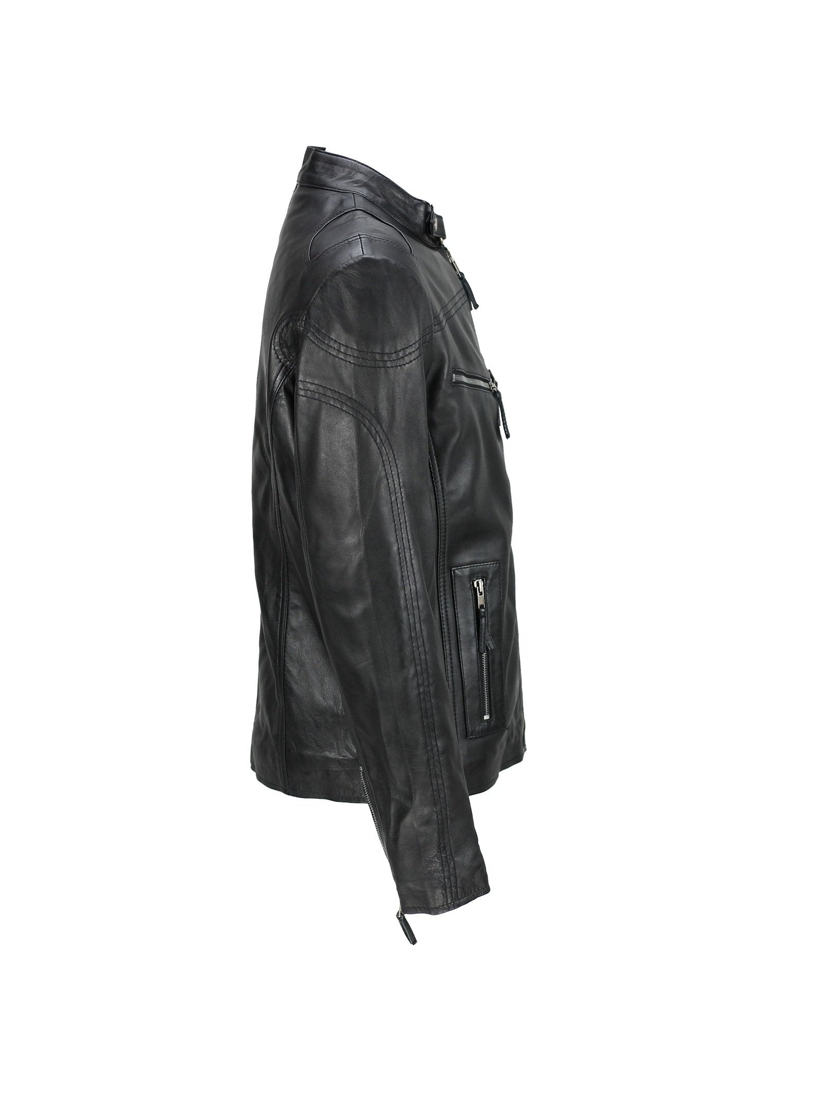 Mens Vintage Real Leather Black Biker Style Zipped Pockets Casual Fitted Jacket