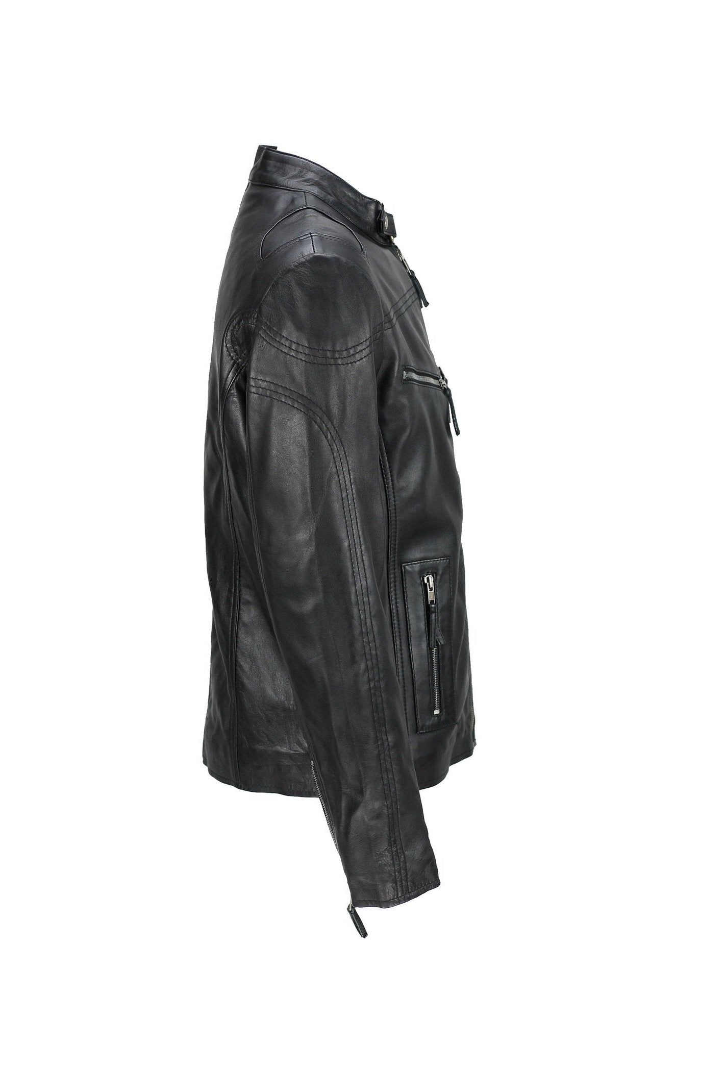 Mens Vintage Real Leather Black Biker Style Zipped Pockets Casual Fitted Jacket