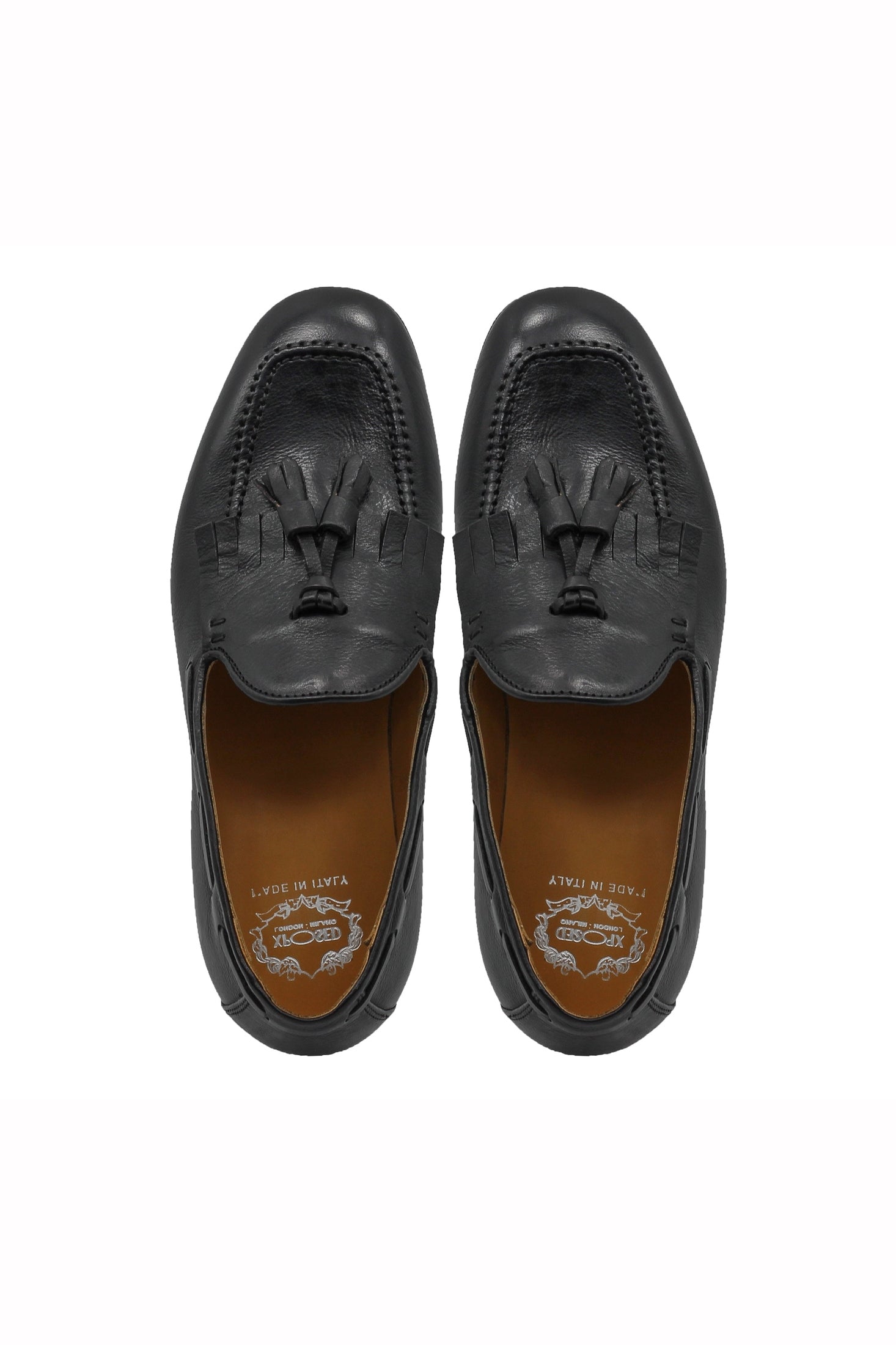 BLACK ITALIAN LEATHER COLLAPSIBLE KILTIE TASSEL LOAFER