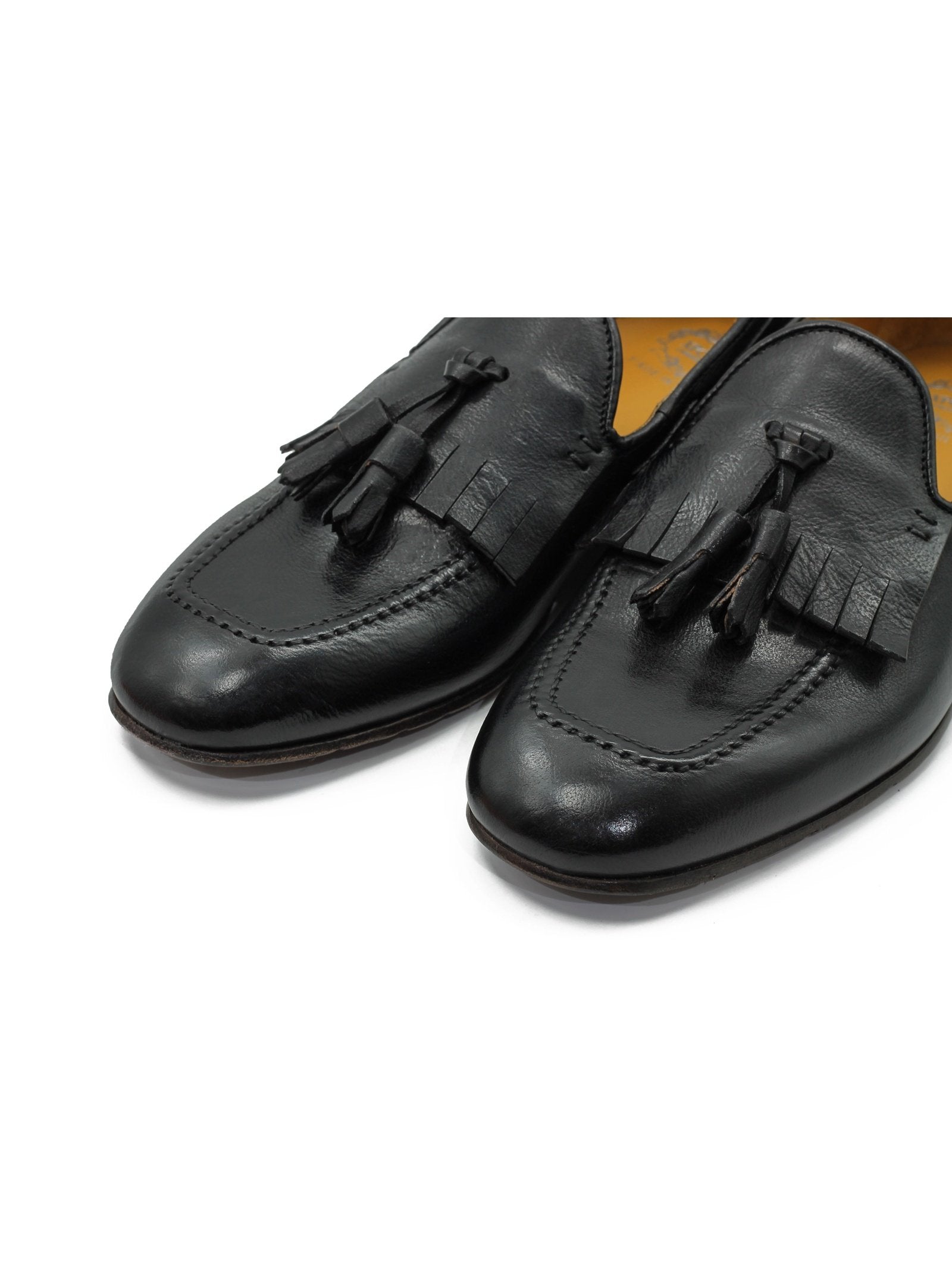BLACK ITALIAN LEATHER COLLAPSIBLE KILTIE TASSEL LOAFER