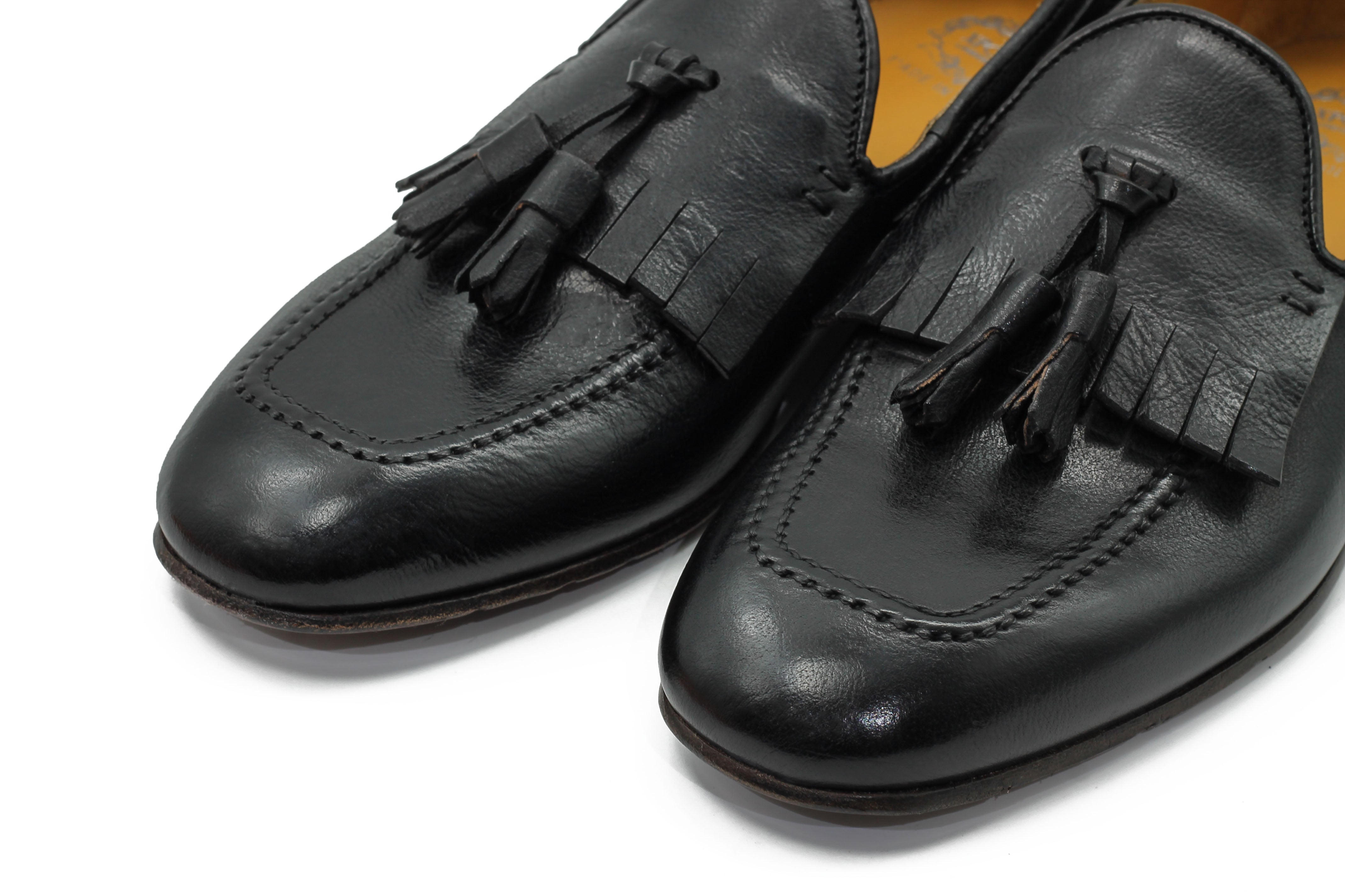 BLACK ITALIAN LEATHER COLLAPSIBLE KILTIE TASSEL LOAFER