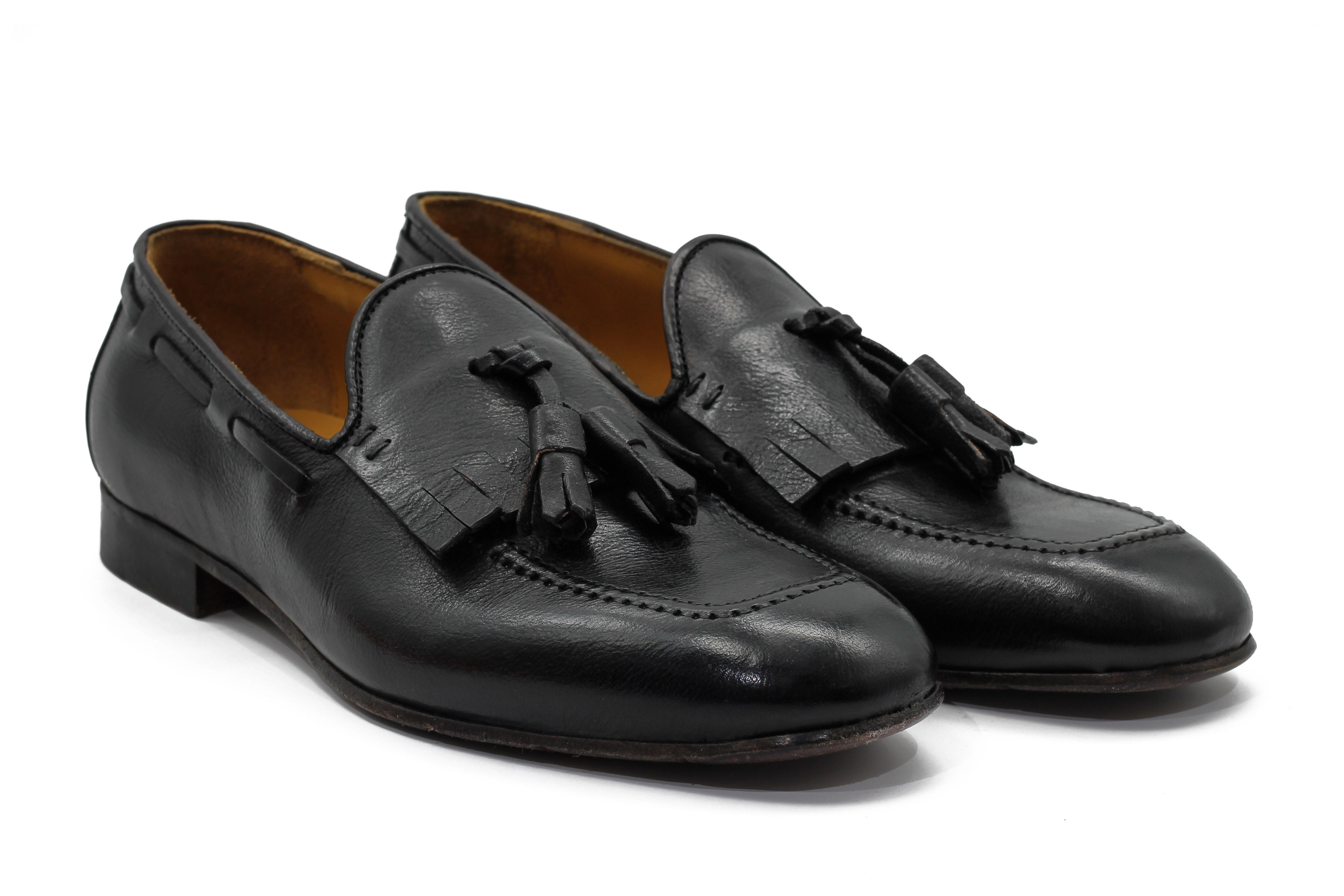 BLACK ITALIAN LEATHER COLLAPSIBLE KILTIE TASSEL LOAFER