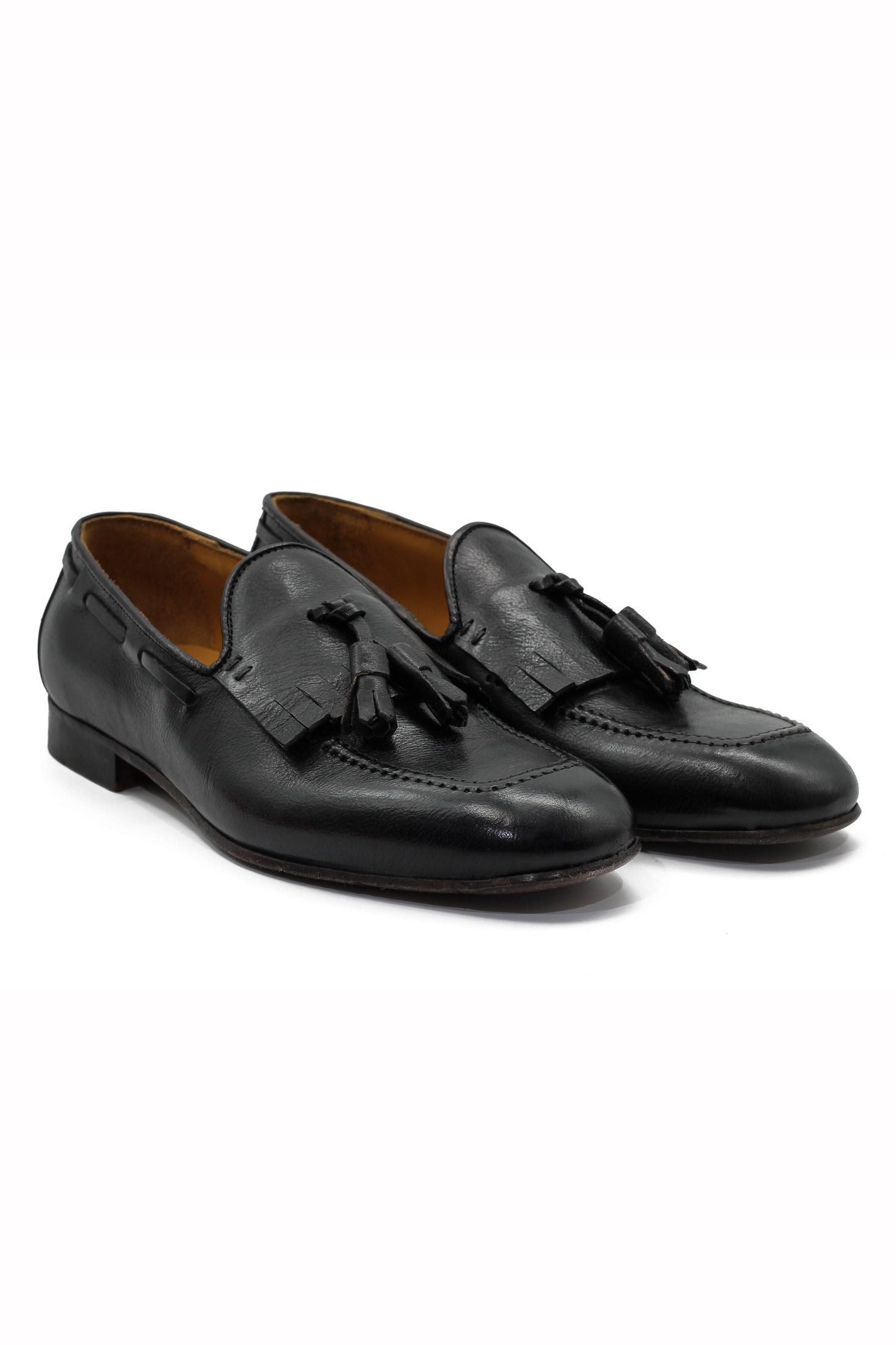 BLACK ITALIAN LEATHER COLLAPSIBLE KILTIE TASSEL LOAFER