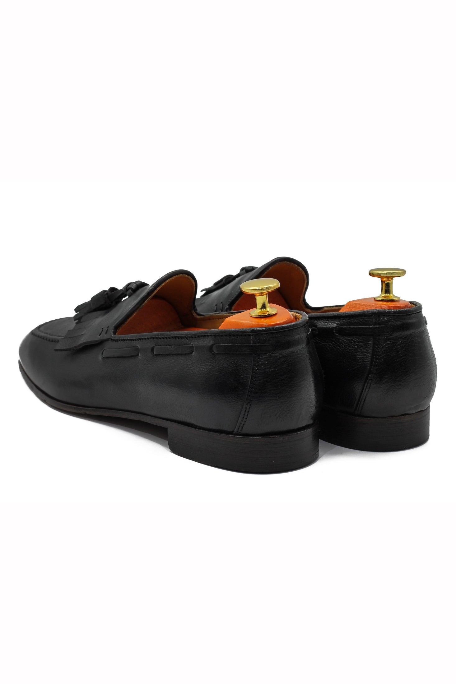 BLACK ITALIAN LEATHER COLLAPSIBLE KILTIE TASSEL LOAFER