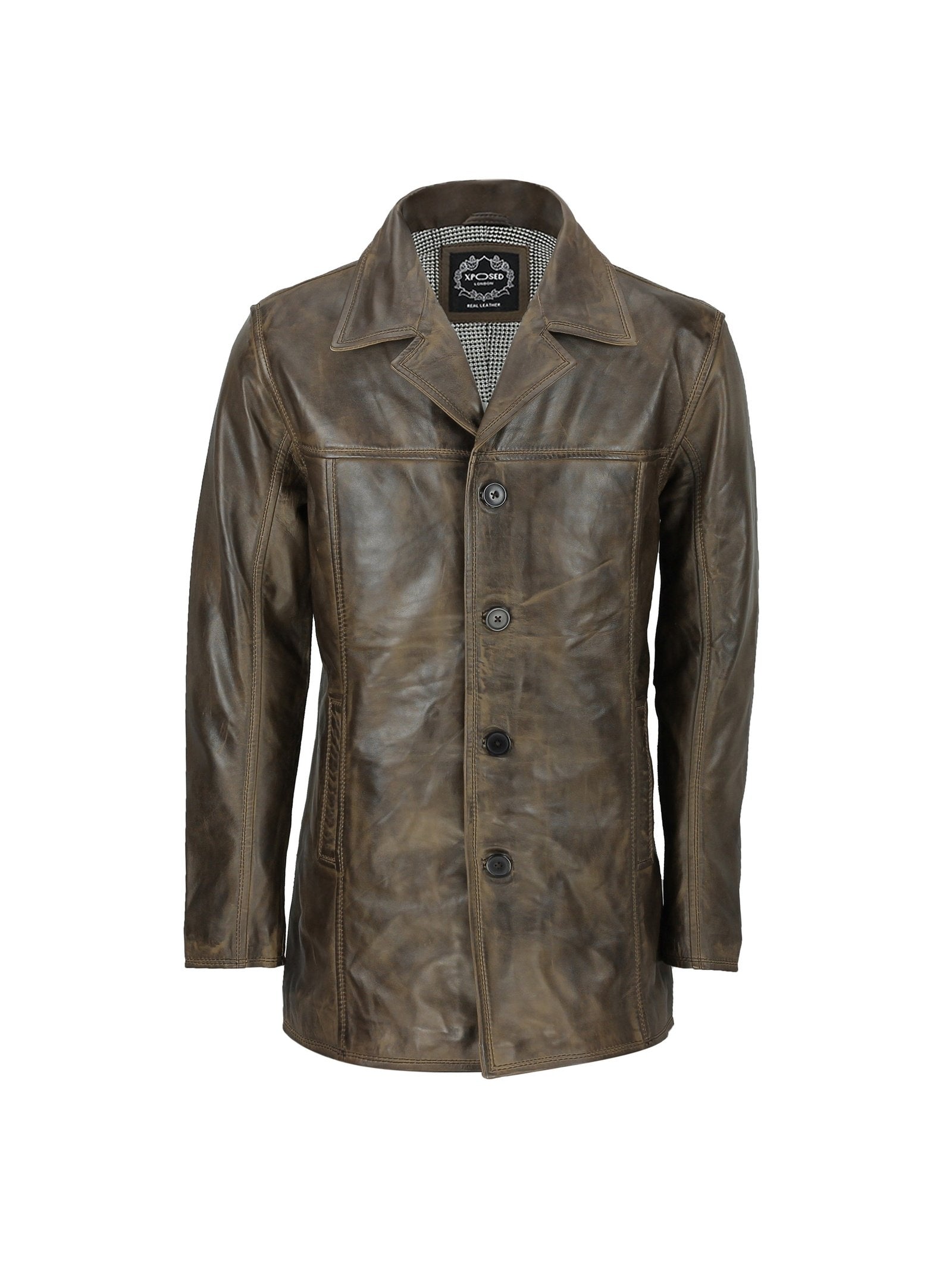 Mens Retro Style Real Leather Reefer Jacket Mid Length Coat in Antiqued Brown