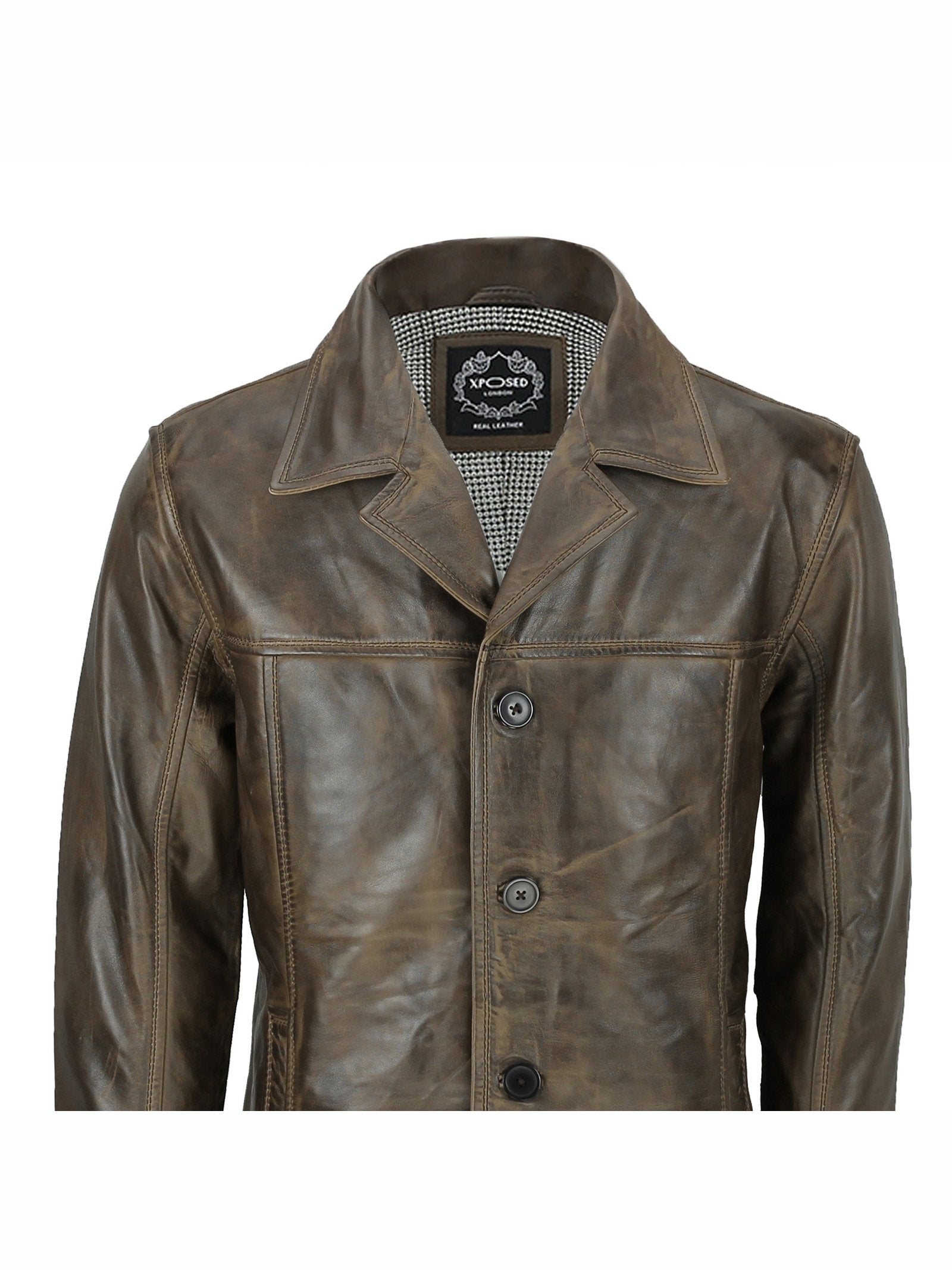 Mens Retro Style Real Leather Reefer Jacket Mid Length Coat in Antiqued Brown