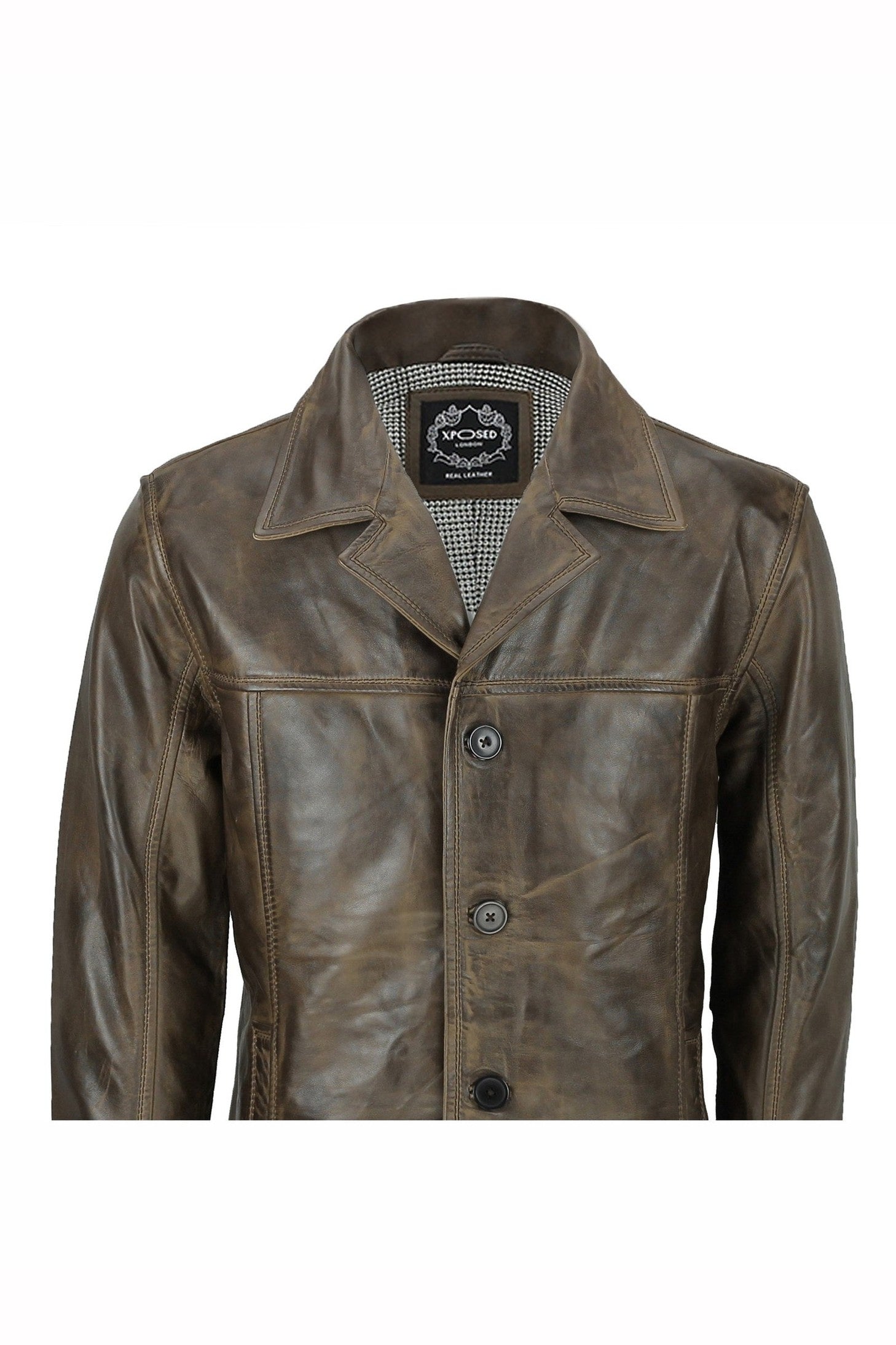 Mens Retro Style Real Leather Reefer Jacket Mid Length Coat in Antiqued Brown