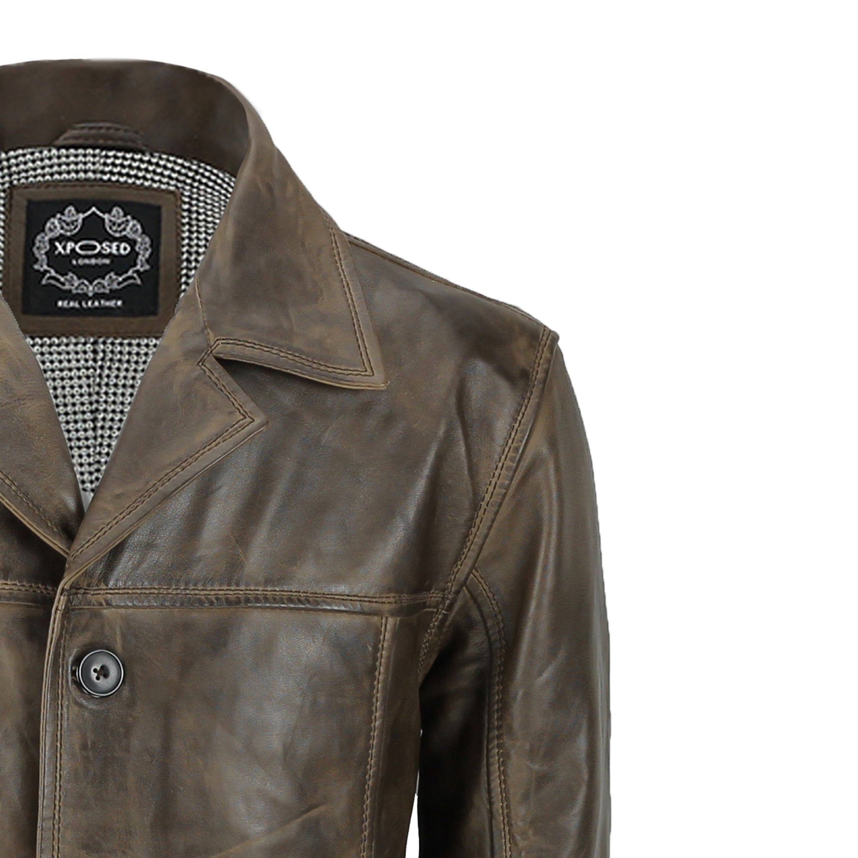 Mens Retro Style Real Leather Reefer Jacket Mid Length Coat in Antiqued Brown