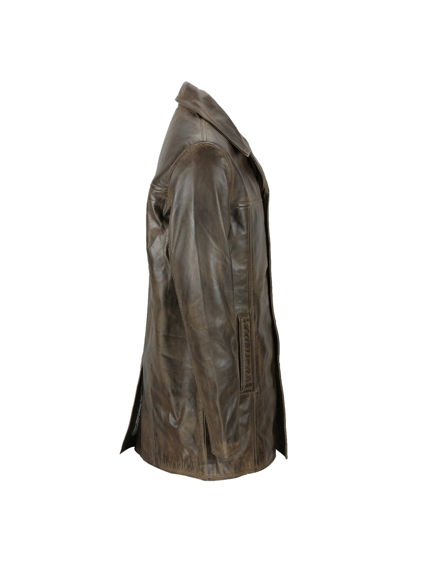 Mens Retro Style Real Leather Reefer Jacket Mid Length Coat in Antiqued Brown