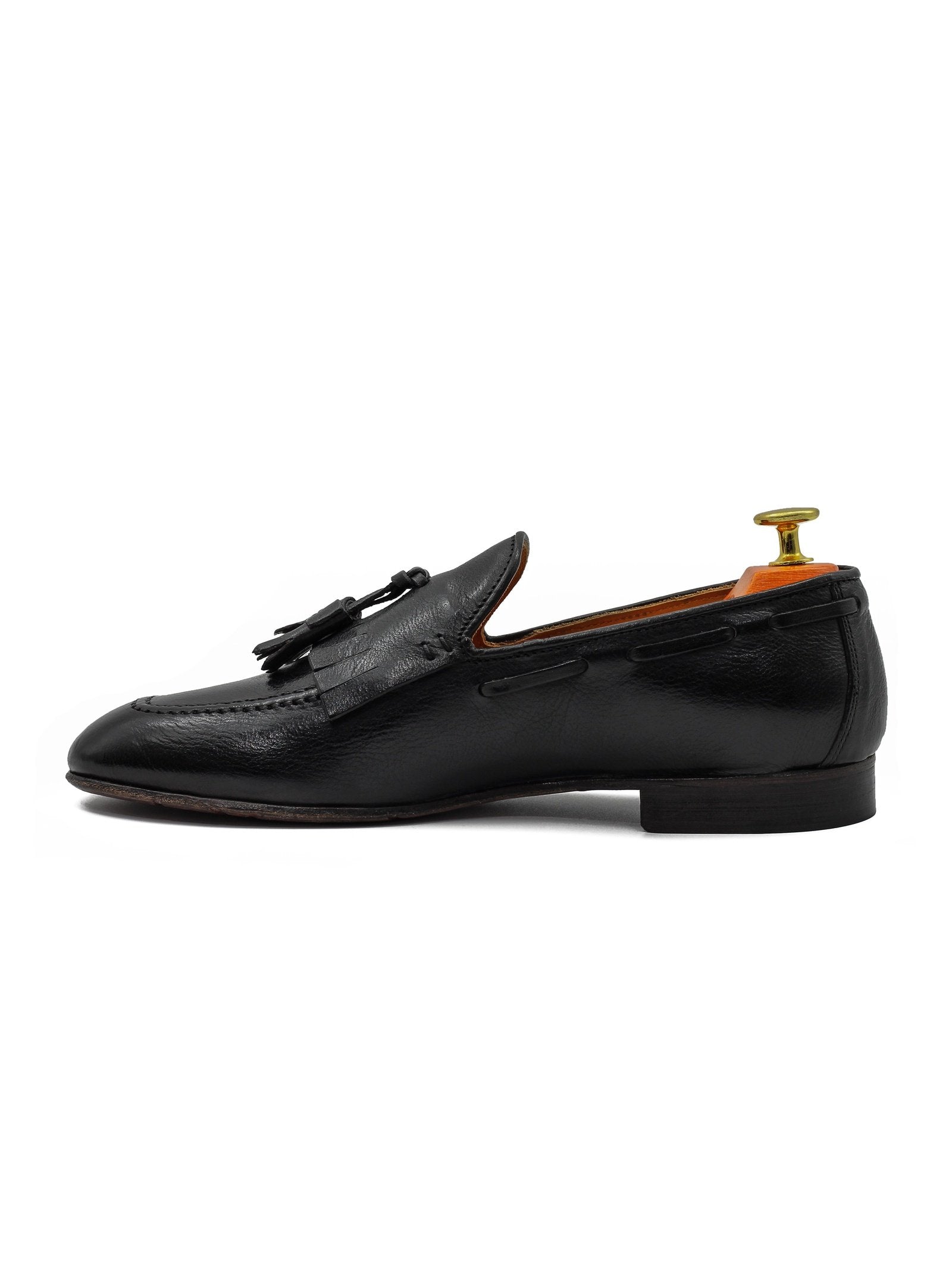 BLACK ITALIAN LEATHER COLLAPSIBLE KILTIE TASSEL LOAFER