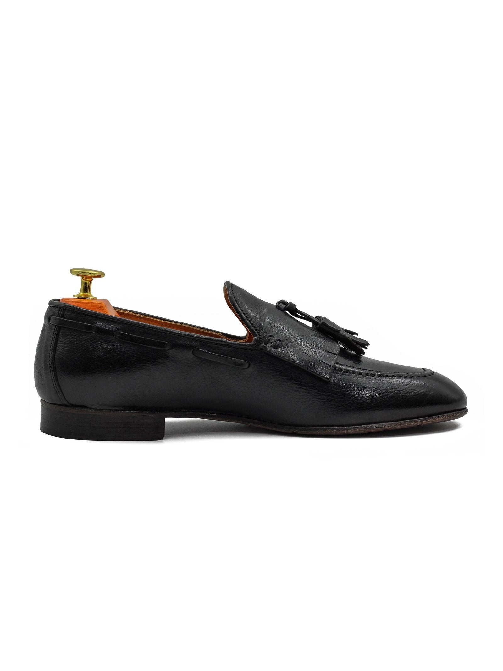 BLACK ITALIAN LEATHER COLLAPSIBLE KILTIE TASSEL LOAFER