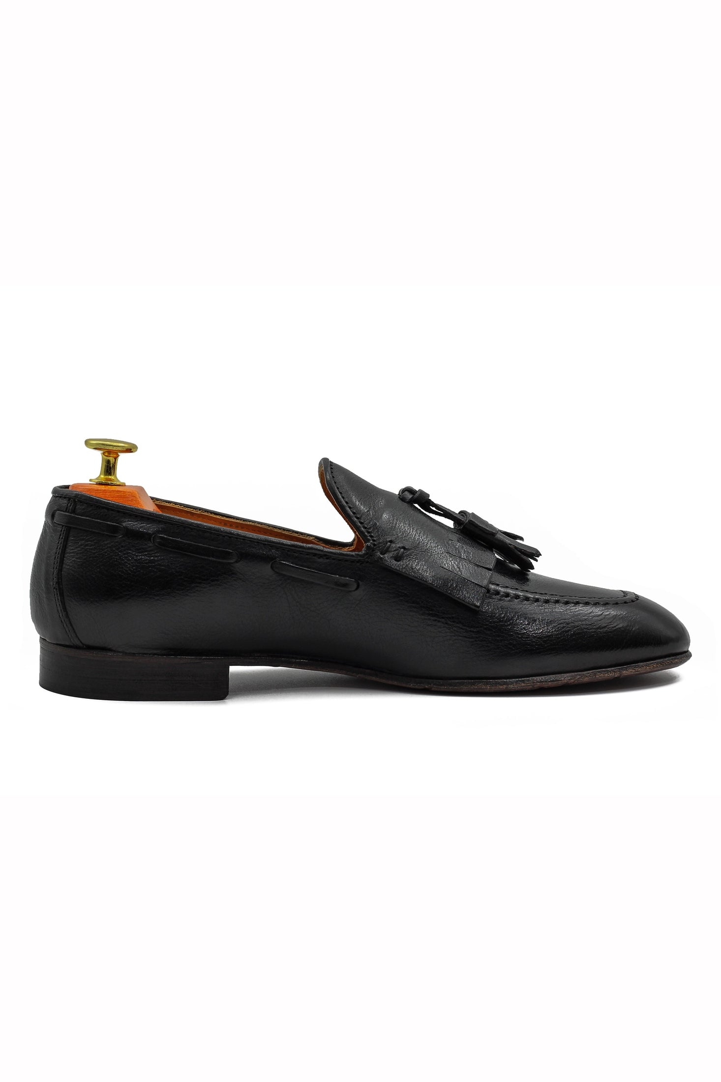 BLACK ITALIAN LEATHER COLLAPSIBLE KILTIE TASSEL LOAFER