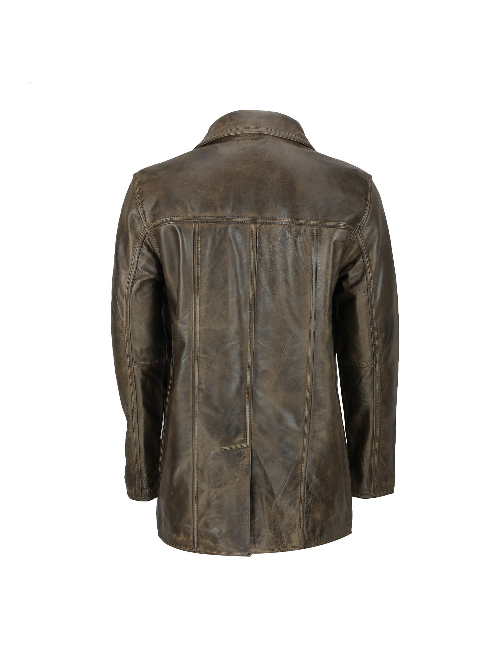 Mens Retro Style Real Leather Reefer Jacket Mid Length Coat in Antiqued Brown