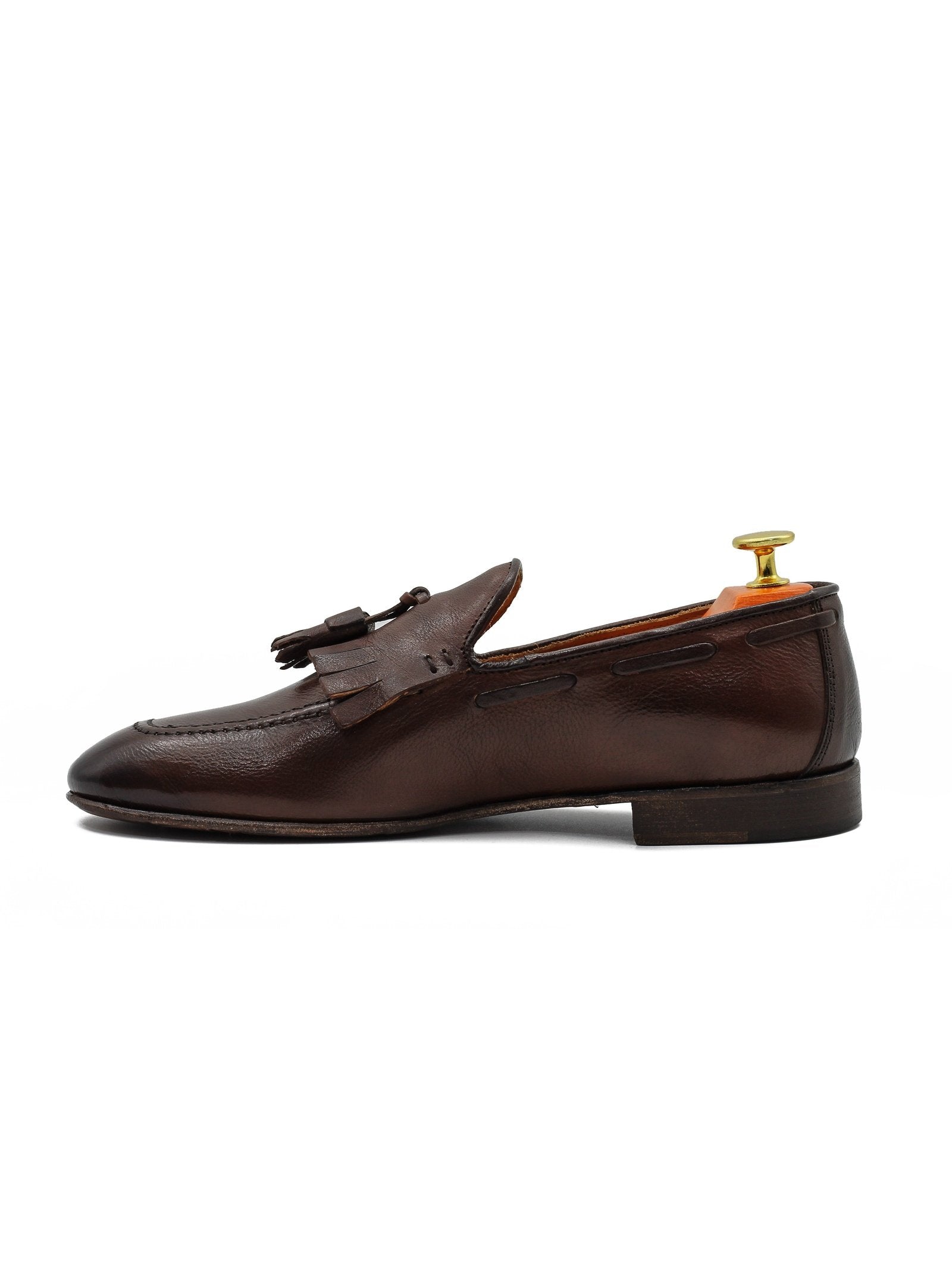 BROWN ITALIAN LEATHER COLLAPSIBLE KILTIE TASSEL LOAFER