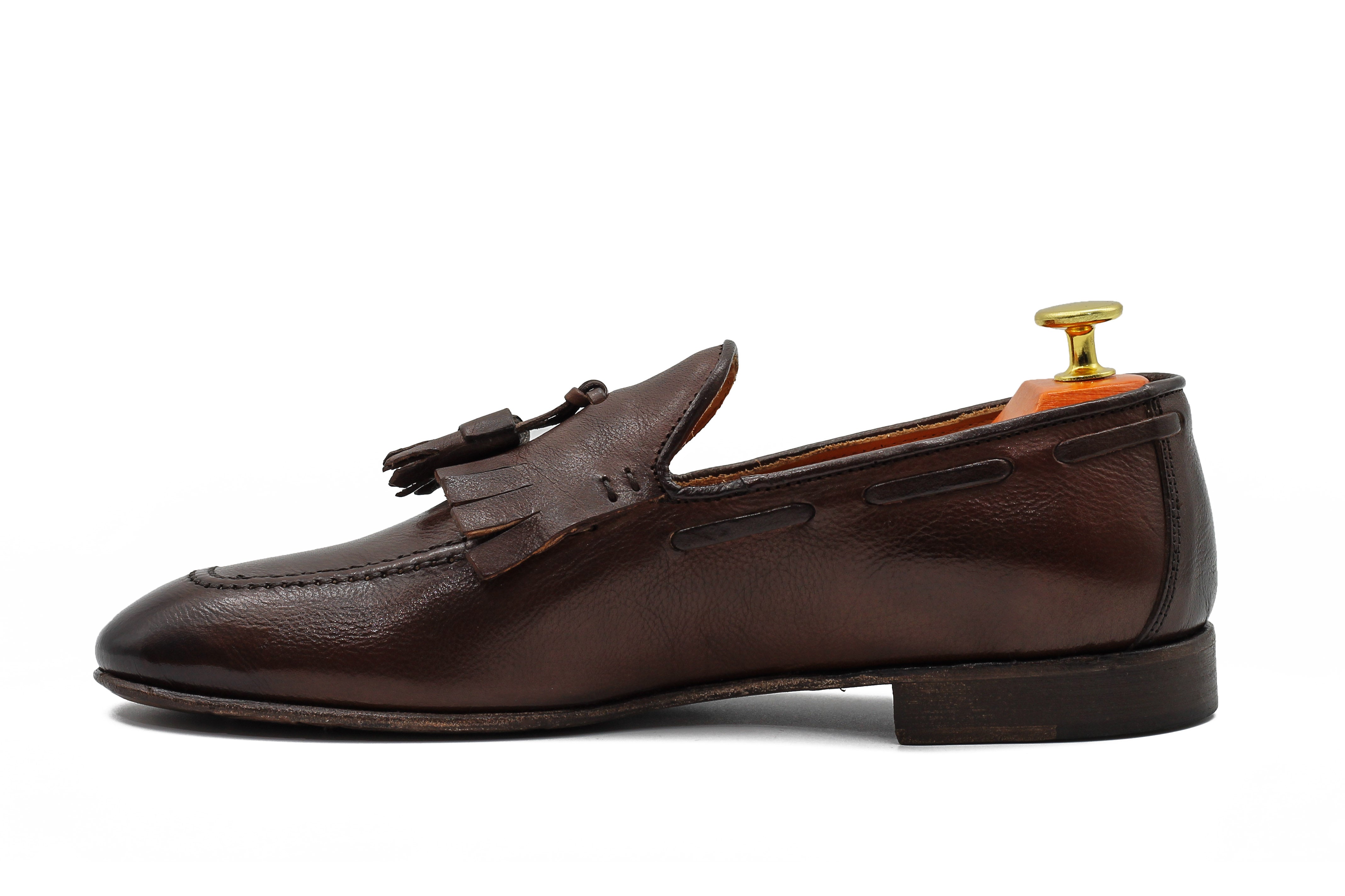 BROWN ITALIAN LEATHER COLLAPSIBLE KILTIE TASSEL LOAFER