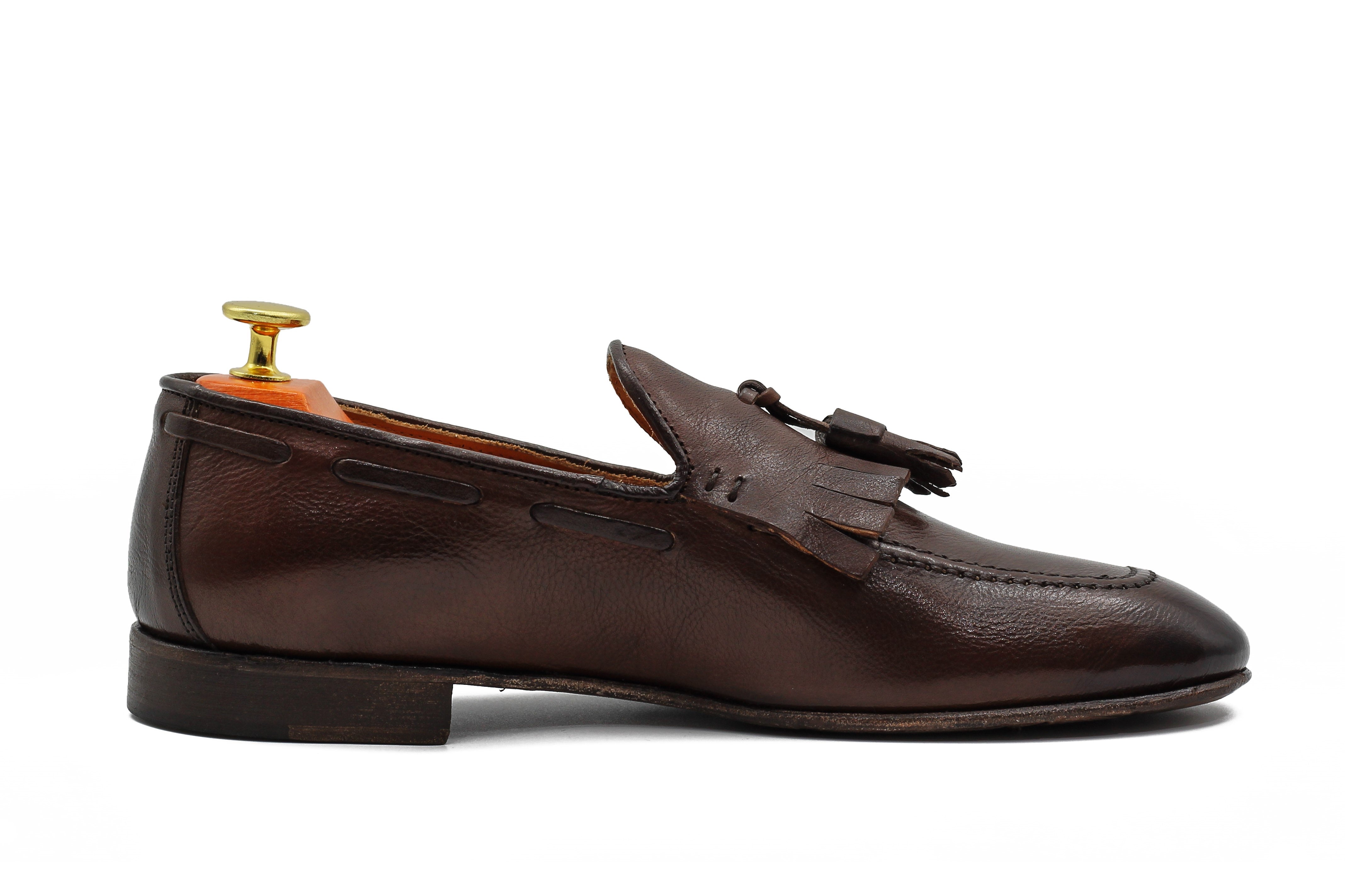 BROWN ITALIAN LEATHER COLLAPSIBLE KILTIE TASSEL LOAFER