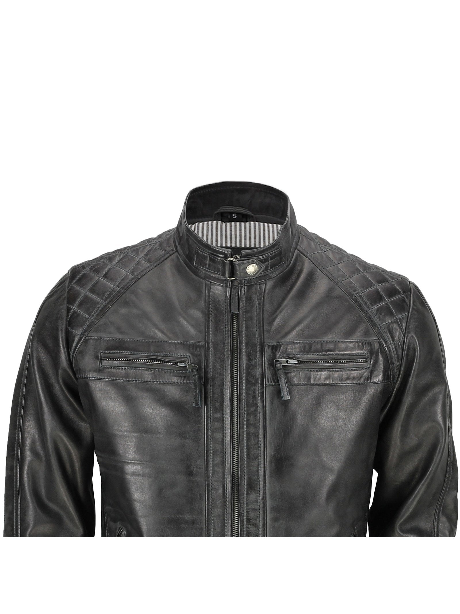New Mens Real Leather Washed Dark Grey Vintage Zipped Smart Casual Biker Jacket