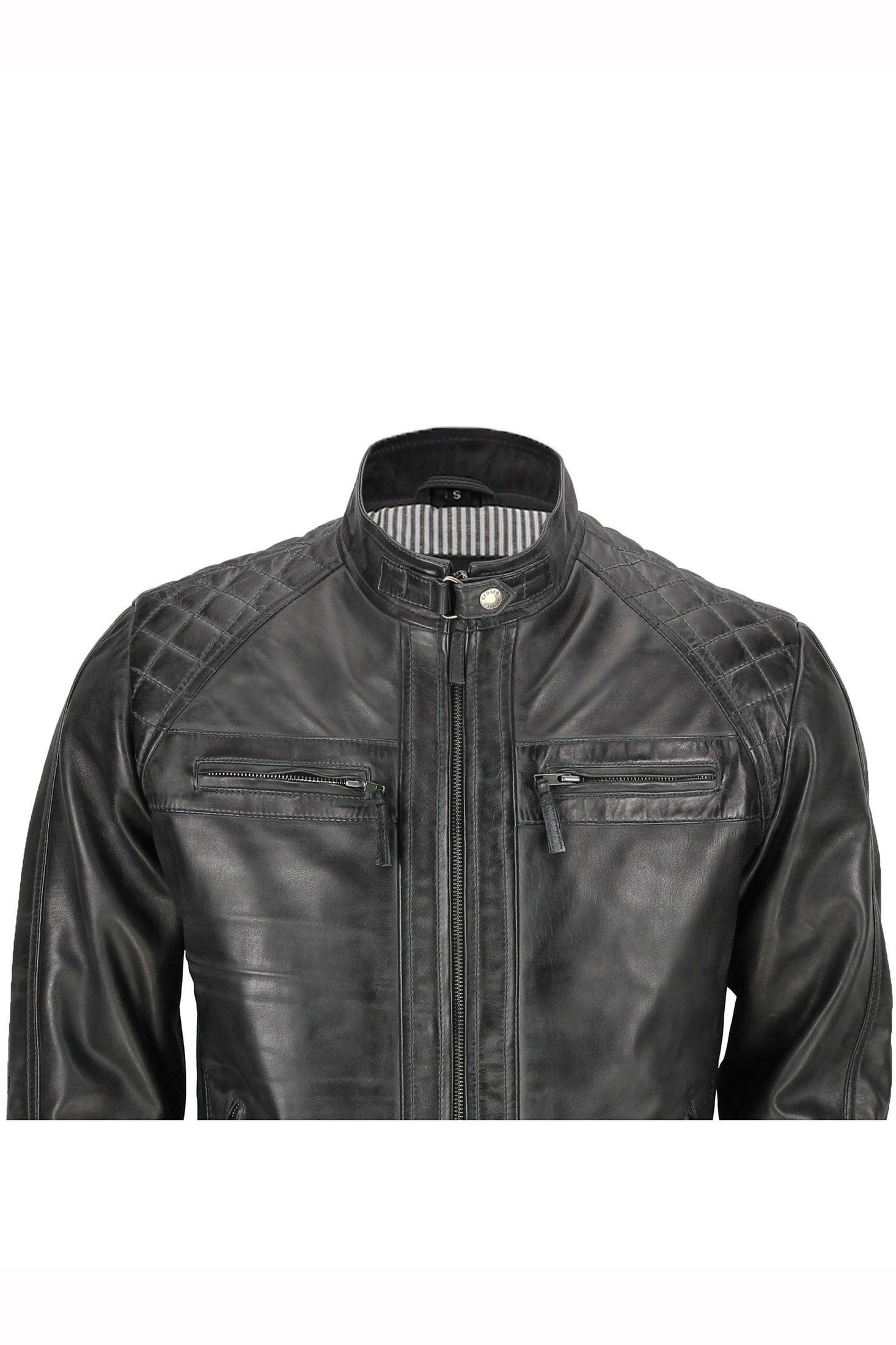 New Mens Real Leather Washed Dark Grey Vintage Zipped Smart Casual Biker Jacket