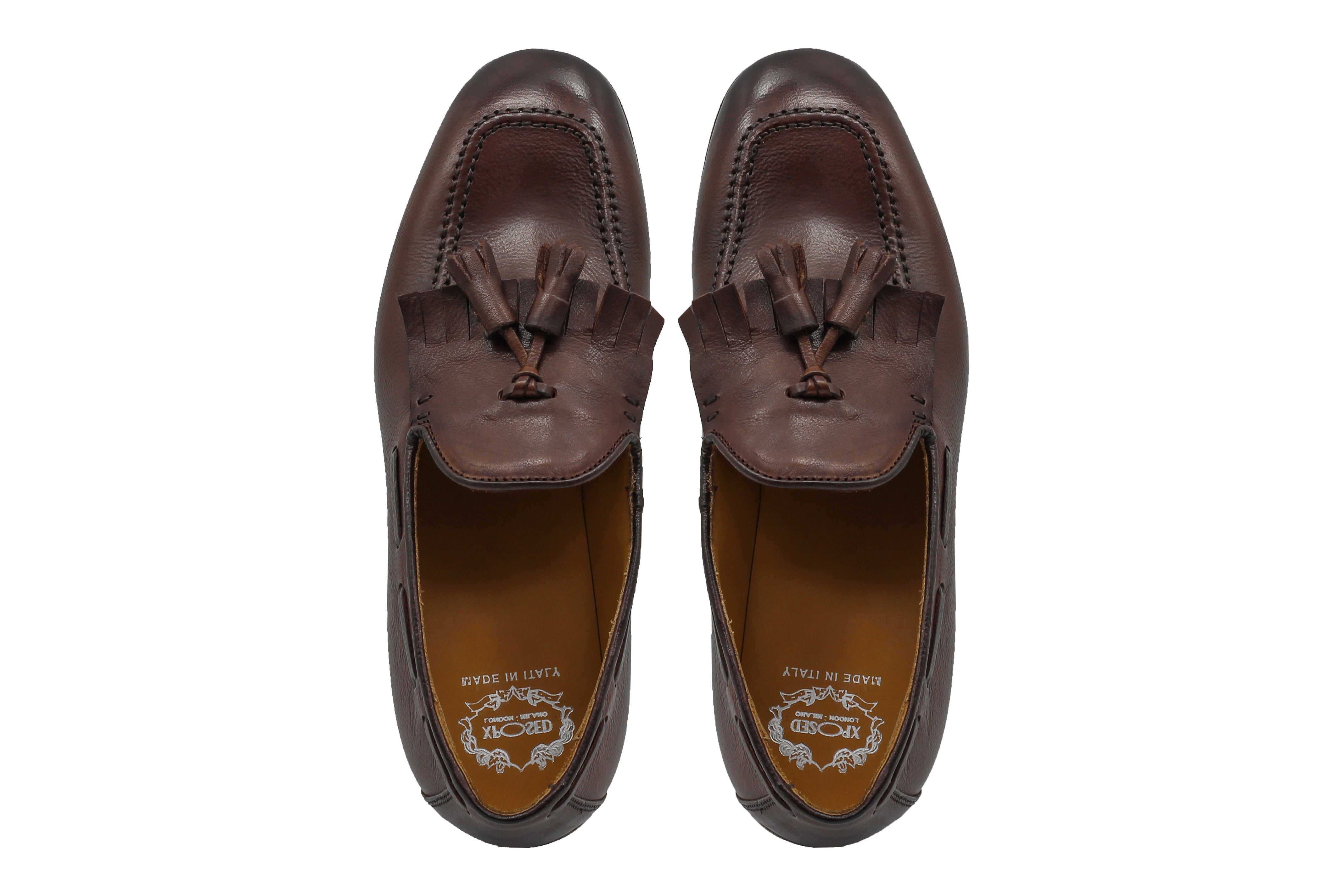 BROWN ITALIAN LEATHER COLLAPSIBLE KILTIE TASSEL LOAFER