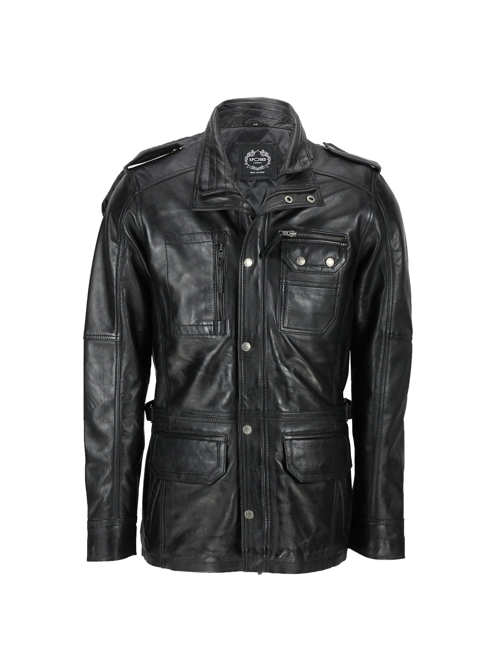 New Mens Classic Black Soft Wax Real Leather Smart Vintage Jacket Military Coat
