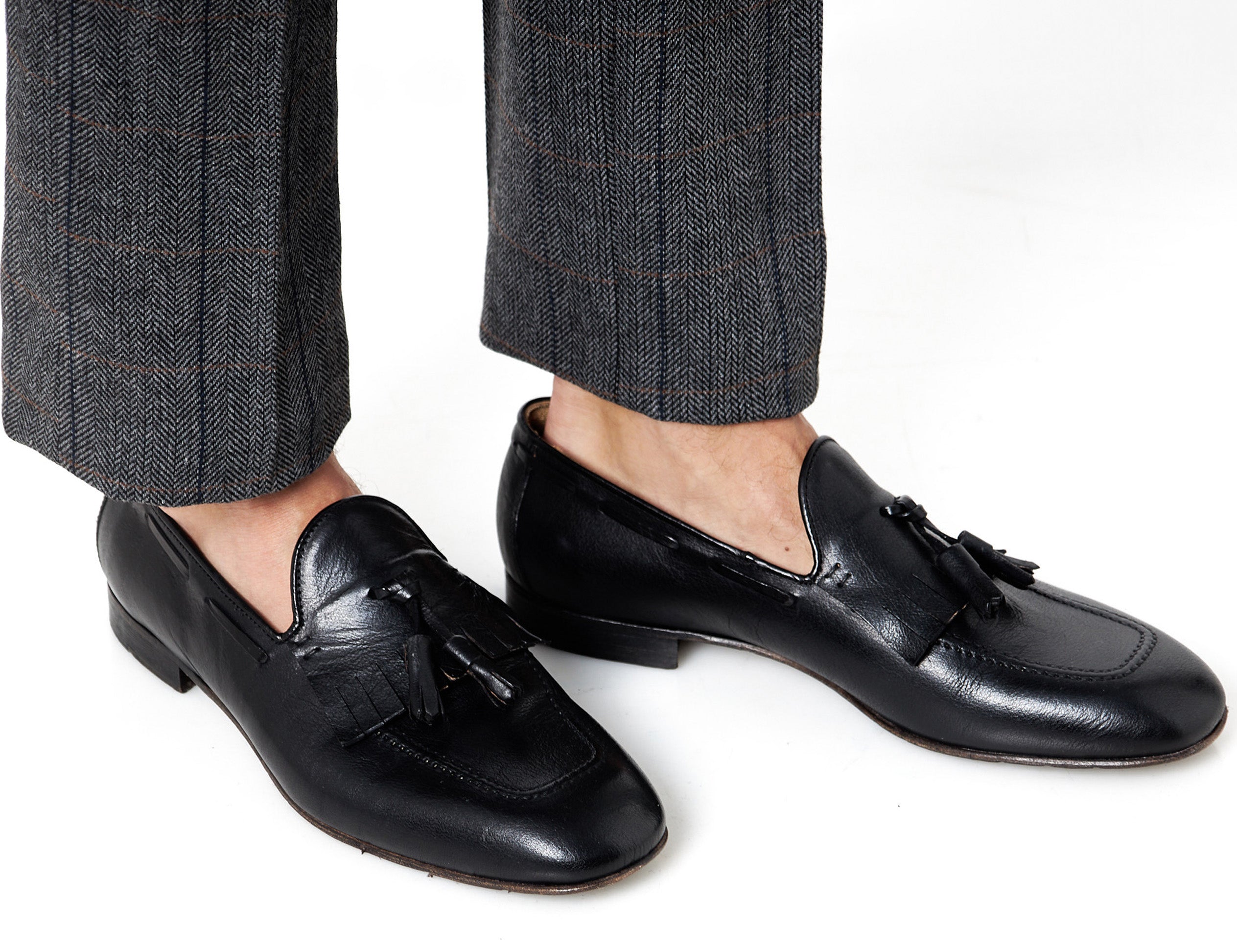 BLACK ITALIAN LEATHER COLLAPSIBLE KILTIE TASSEL LOAFER