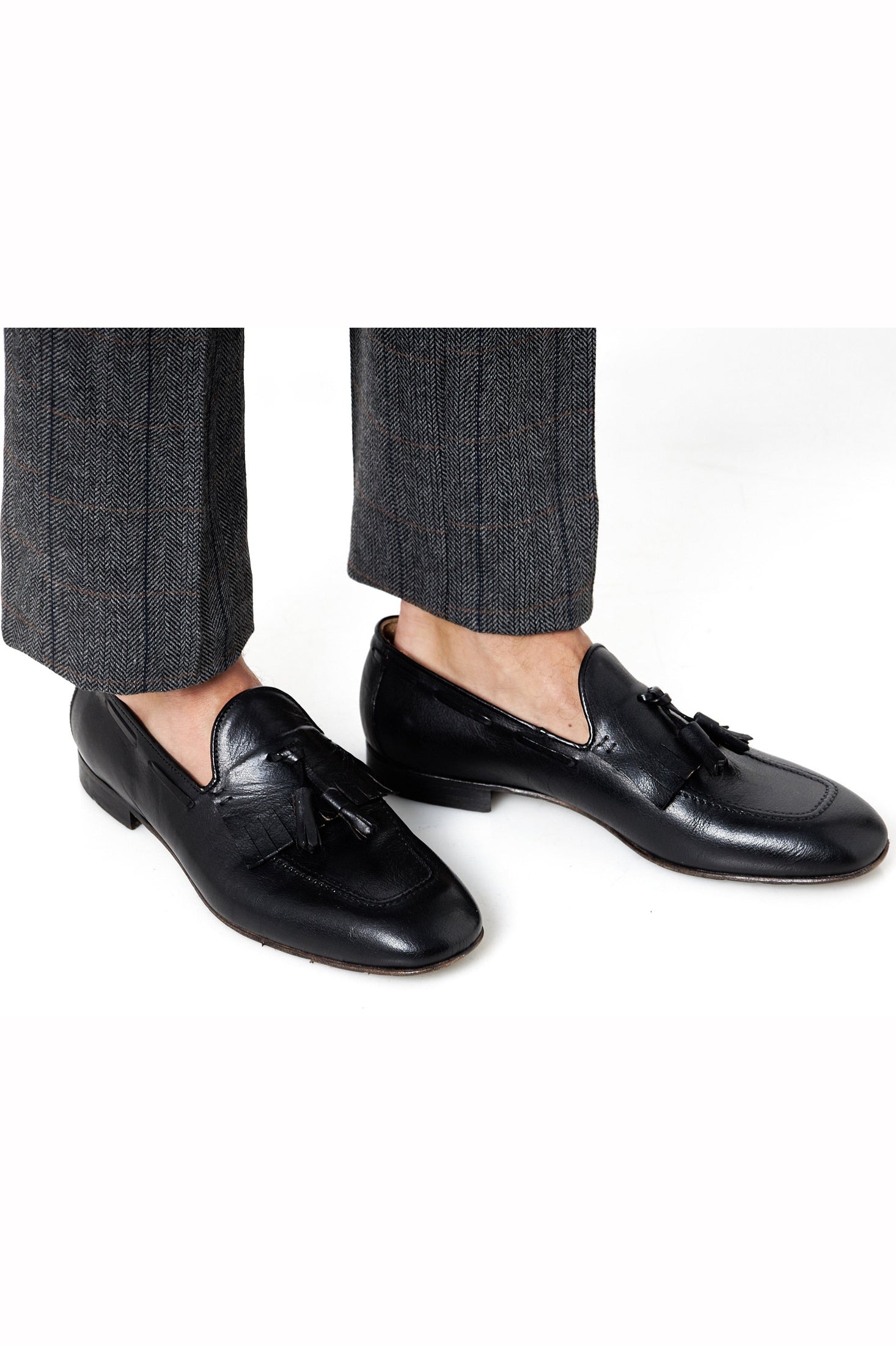 BLACK ITALIAN LEATHER COLLAPSIBLE KILTIE TASSEL LOAFER