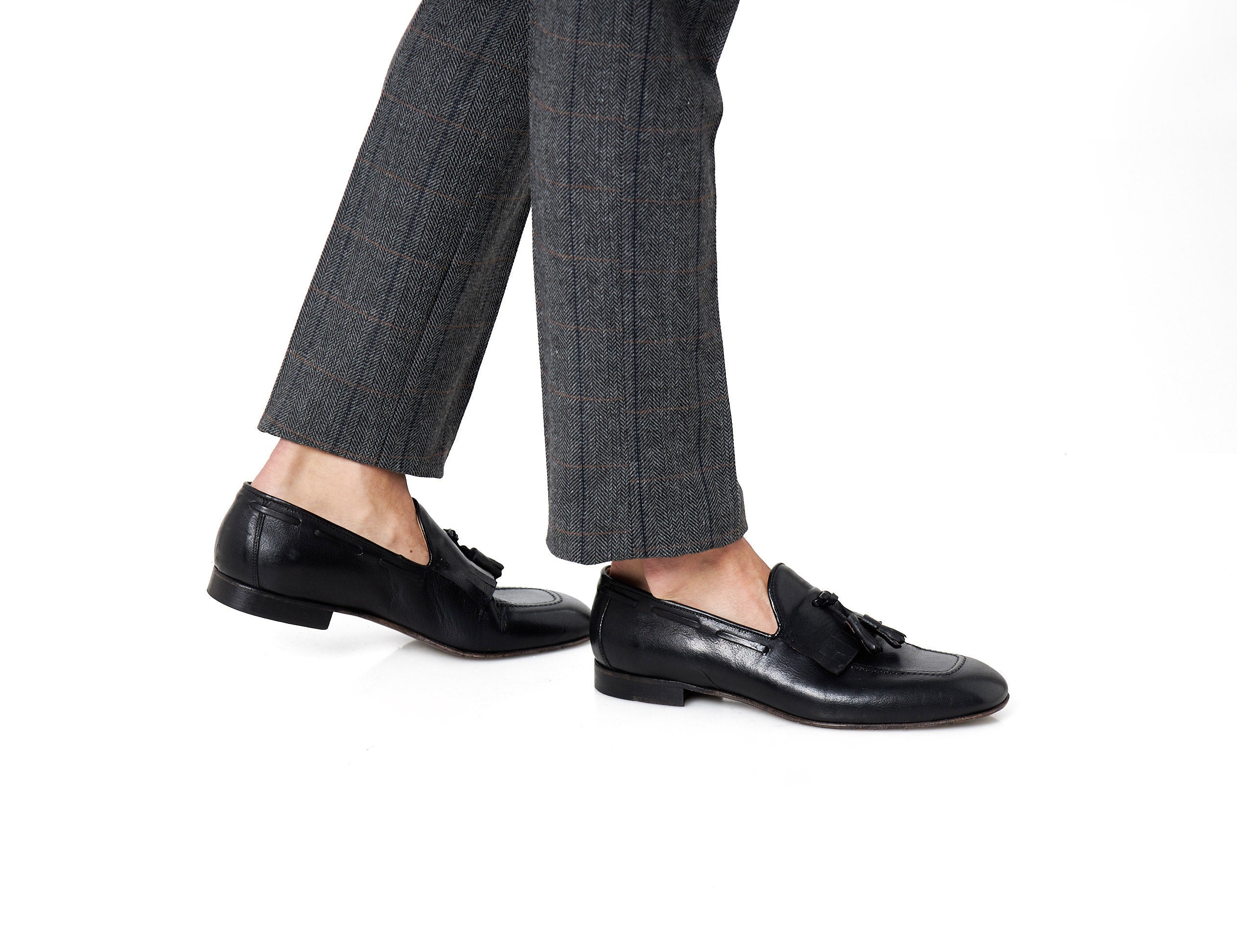 BLACK ITALIAN LEATHER COLLAPSIBLE KILTIE TASSEL LOAFER