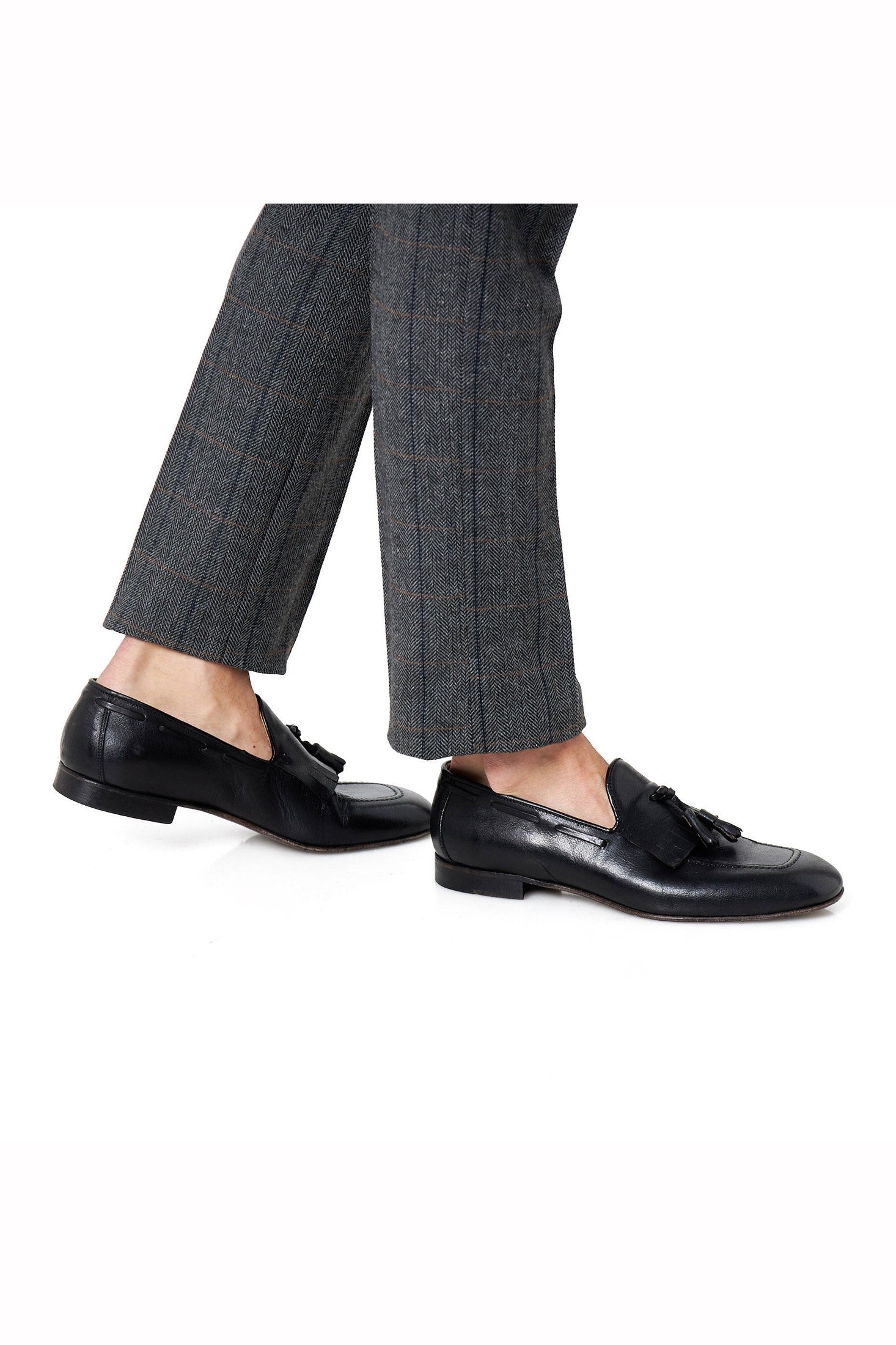 BLACK ITALIAN LEATHER COLLAPSIBLE KILTIE TASSEL LOAFER