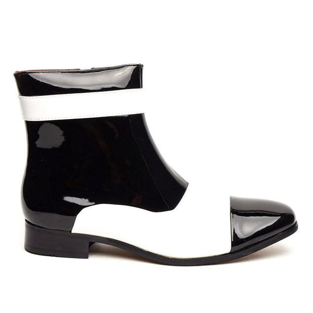 PATENT BLACK & WHITE ZIP GATSBY BOOTS