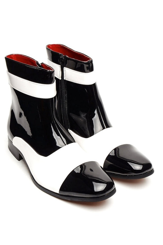PATENT BLACK & WHITE ZIP GATSBY BOOTS