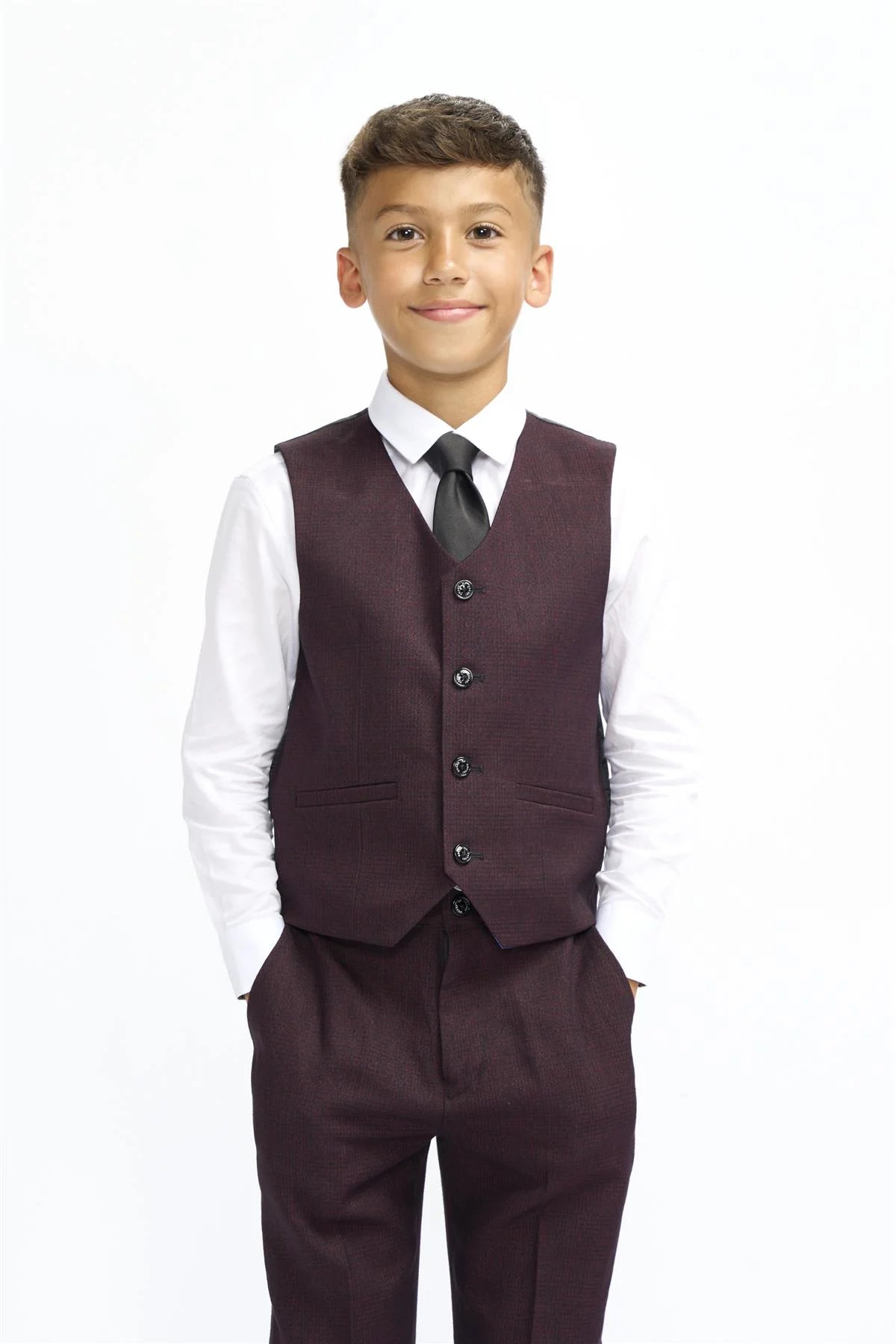CARIDI – BOYS 3 PIECE SUIT IN MAROON CHECK CAVANI