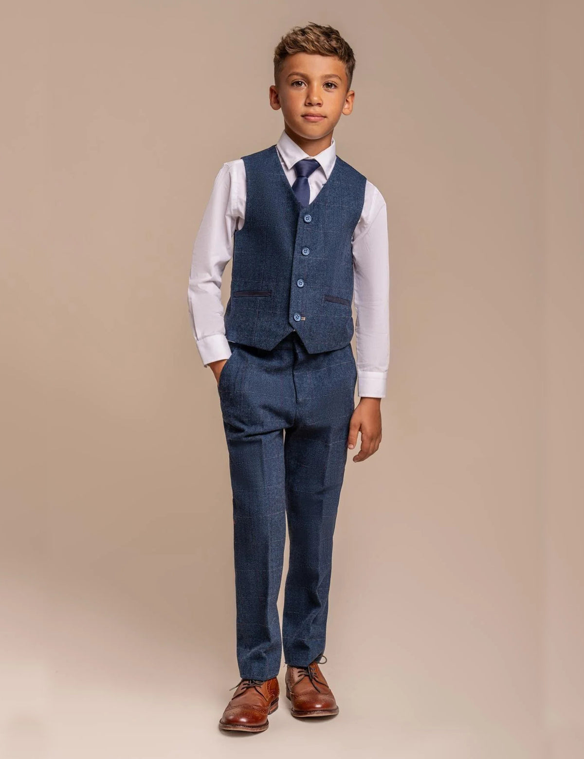 CARNEGI – BLUE TWEED CHECK BOYS 3 PIECE SUIT CAVANI