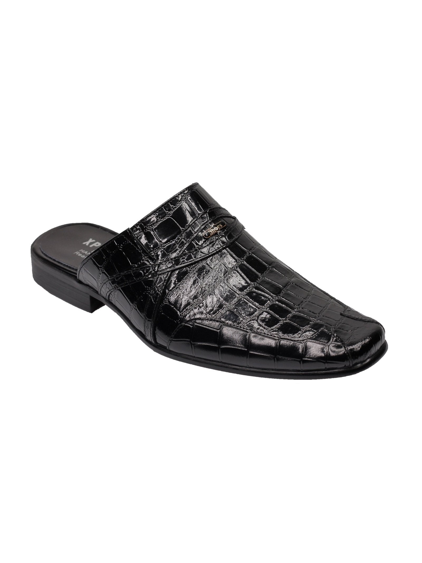 REAL LEATHER BLACK SHINY PRINTED HALF SHOES