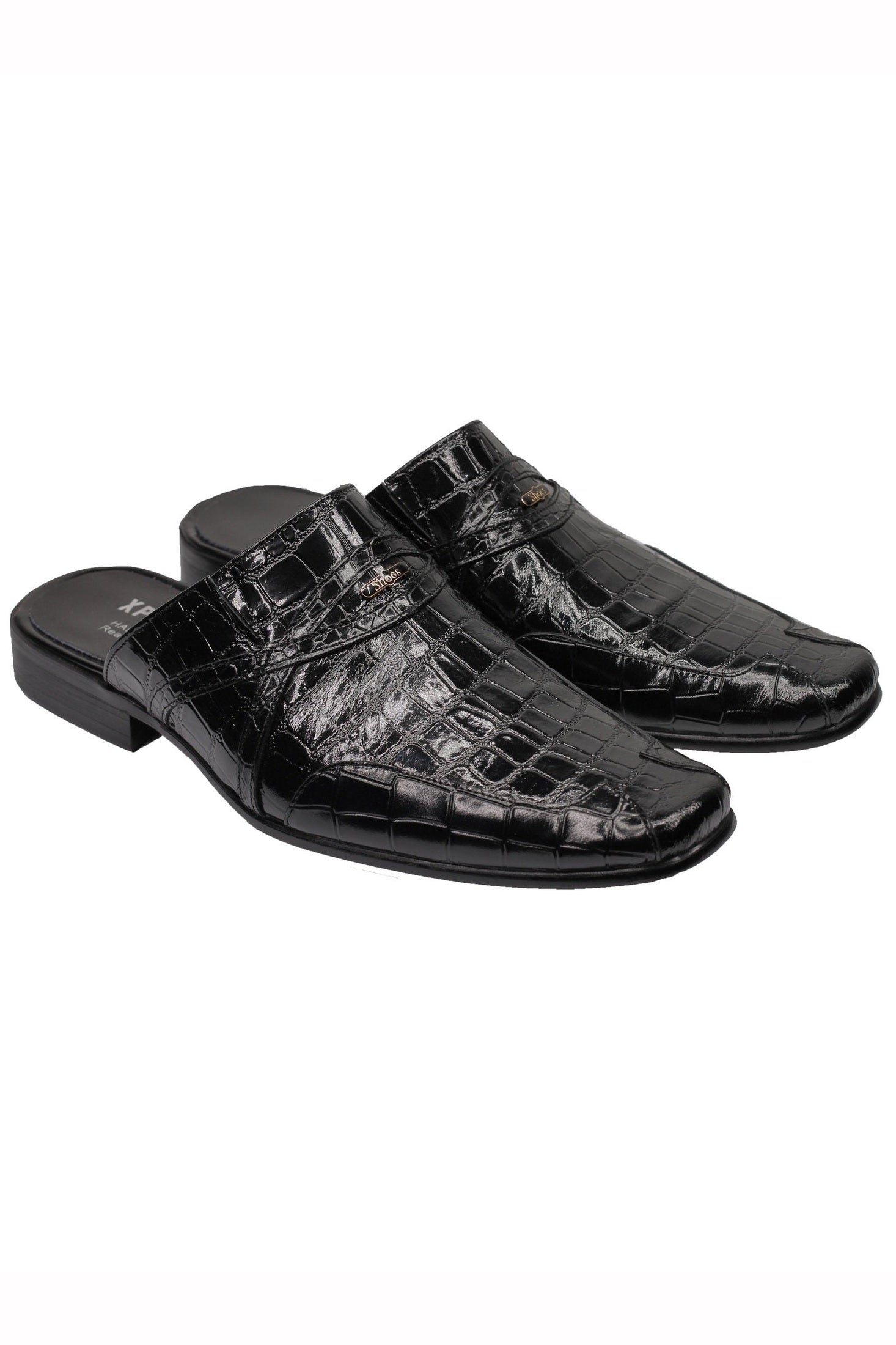 REAL LEATHER BLACK SHINY PRINTED HALF SHOES