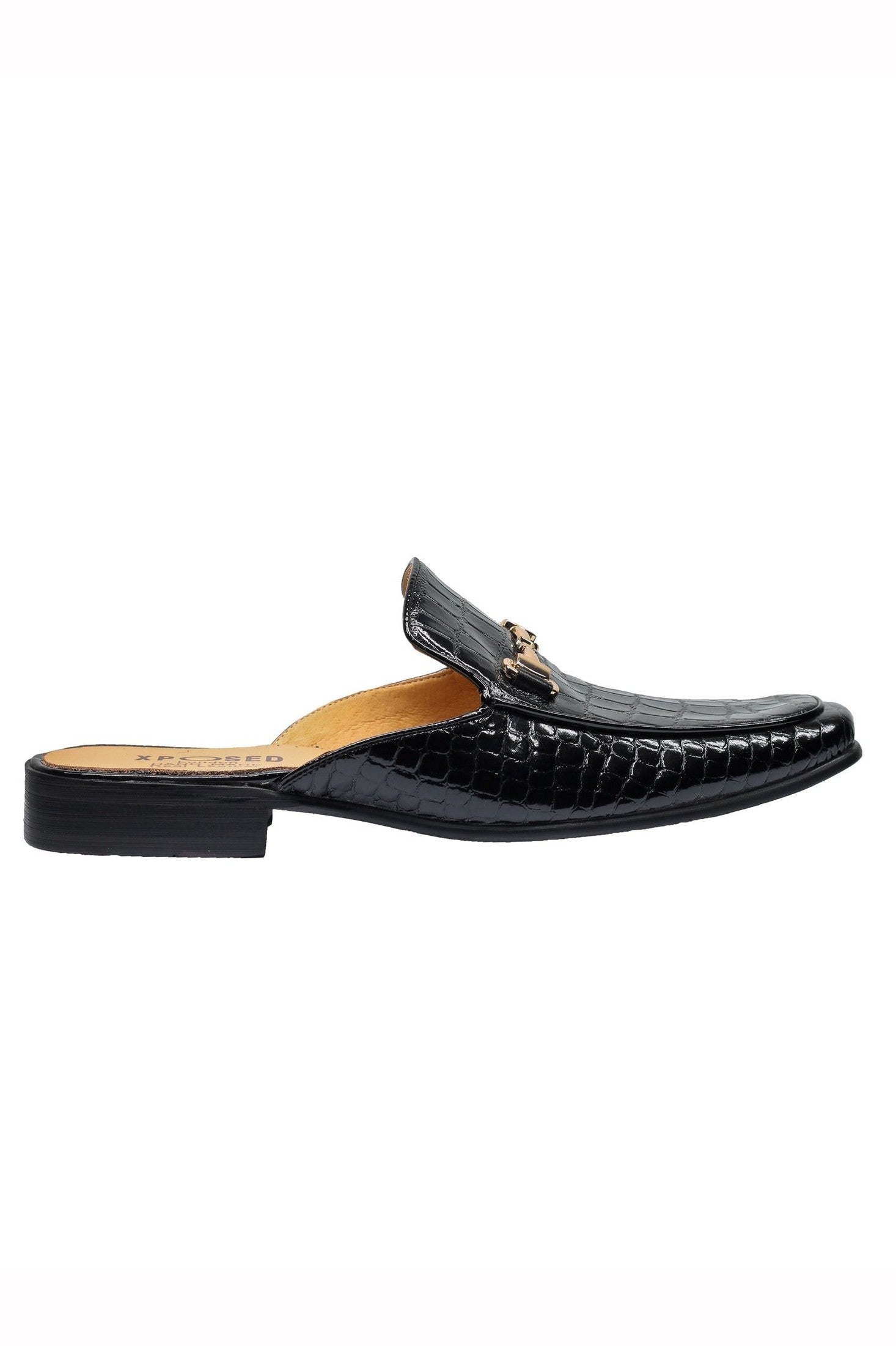 REAL LEATHER SHINY PRINTED HALF SHOES IN BLACK