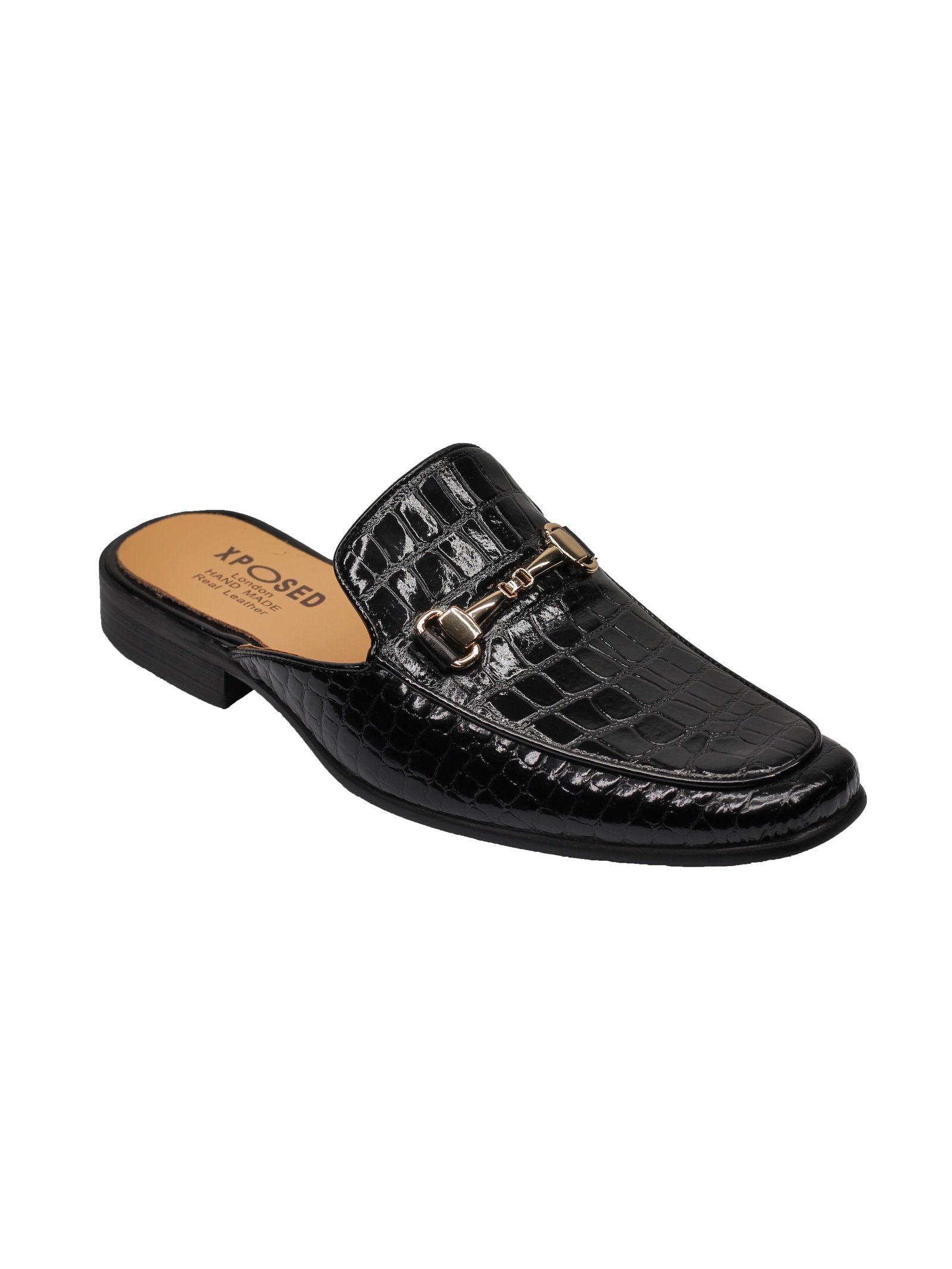 REAL LEATHER SHINY PRINTED HALF SHOES IN BLACK