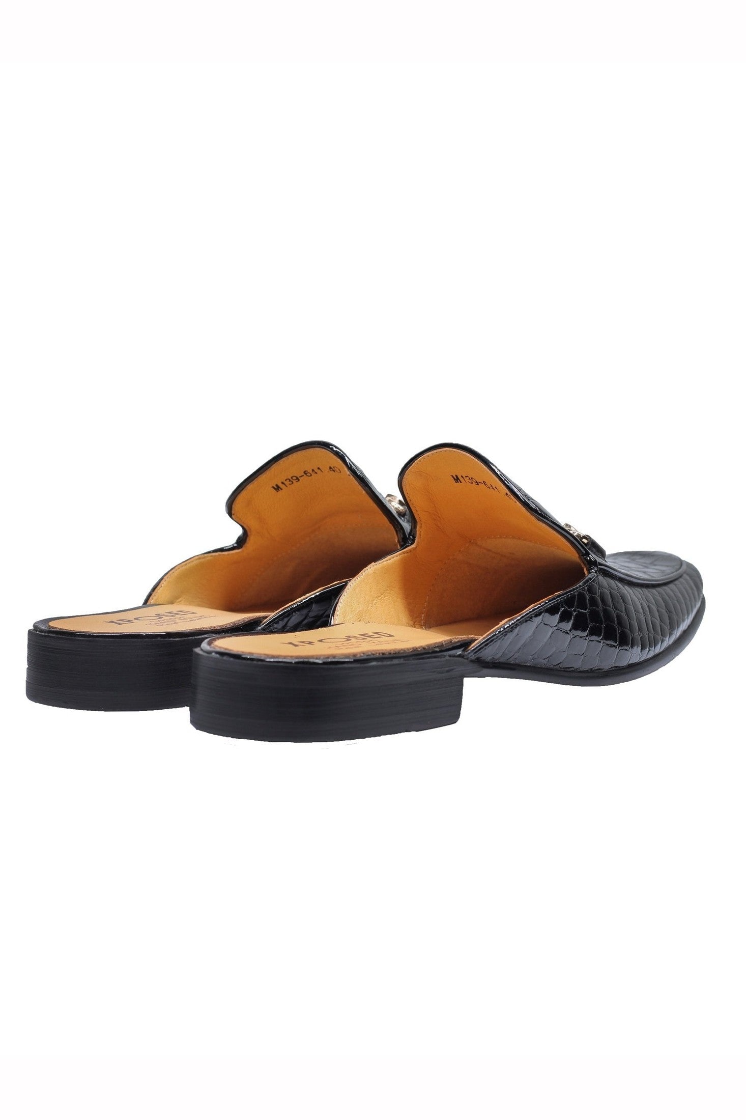 REAL LEATHER SHINY PRINTED HALF SHOES IN BLACK