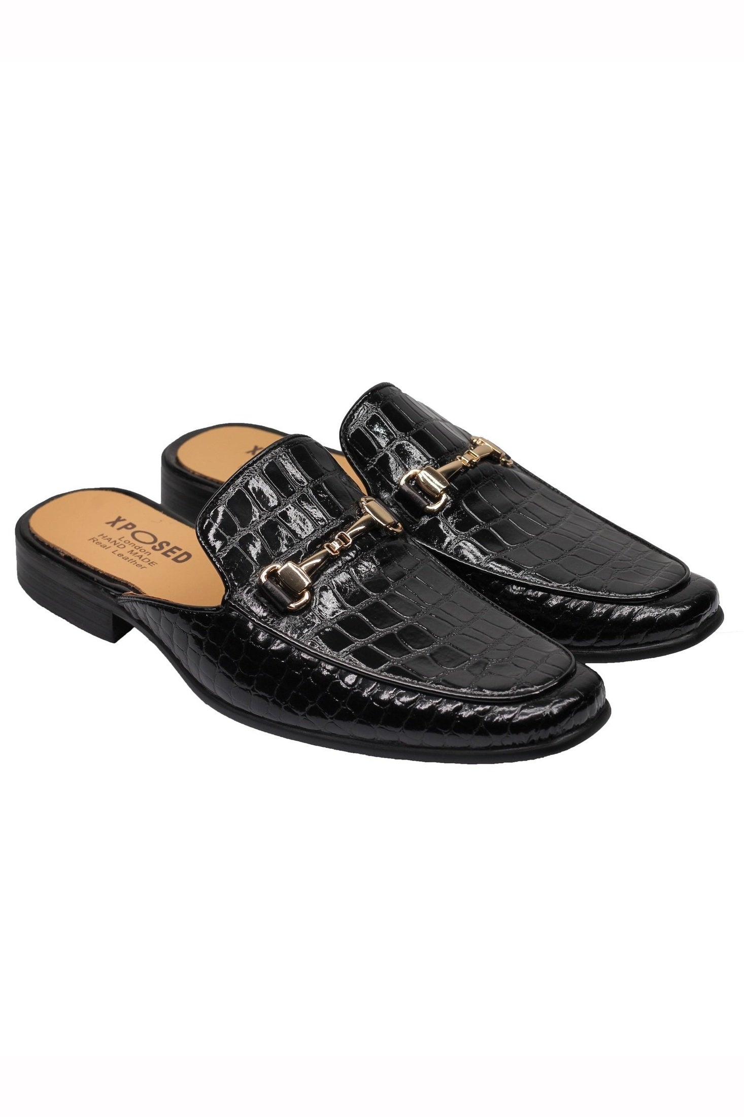 REAL LEATHER SHINY PRINTED HALF SHOES IN BLACK