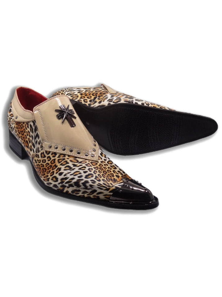BEIGE PATENT LEOPARD PRINT LOAFER METAL TOE CAP