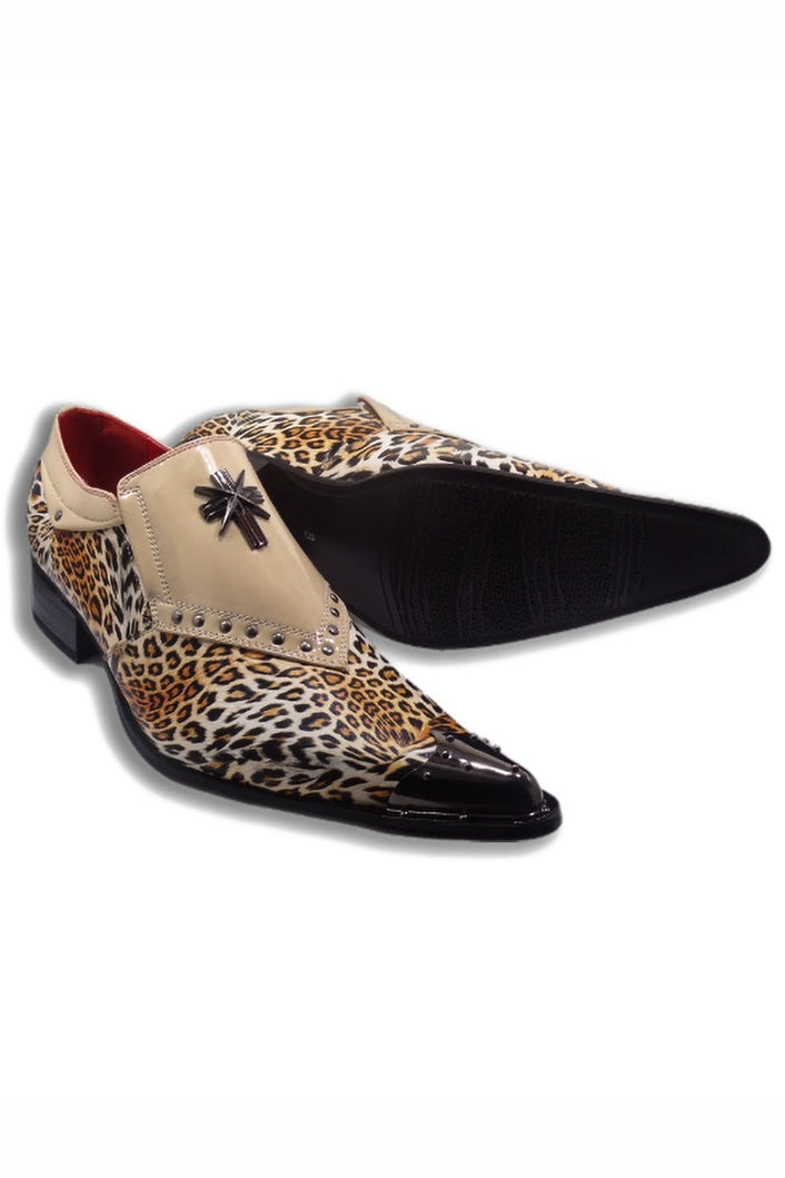 BEIGE PATENT LEOPARD PRINT LOAFER METAL TOE CAP