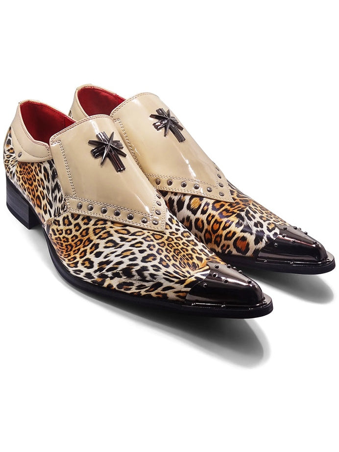 BEIGE PATENT LEOPARD PRINT LOAFER METAL TOE CAP