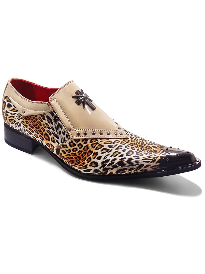 BEIGE PATENT LEOPARD PRINT LOAFER METAL TOE CAP