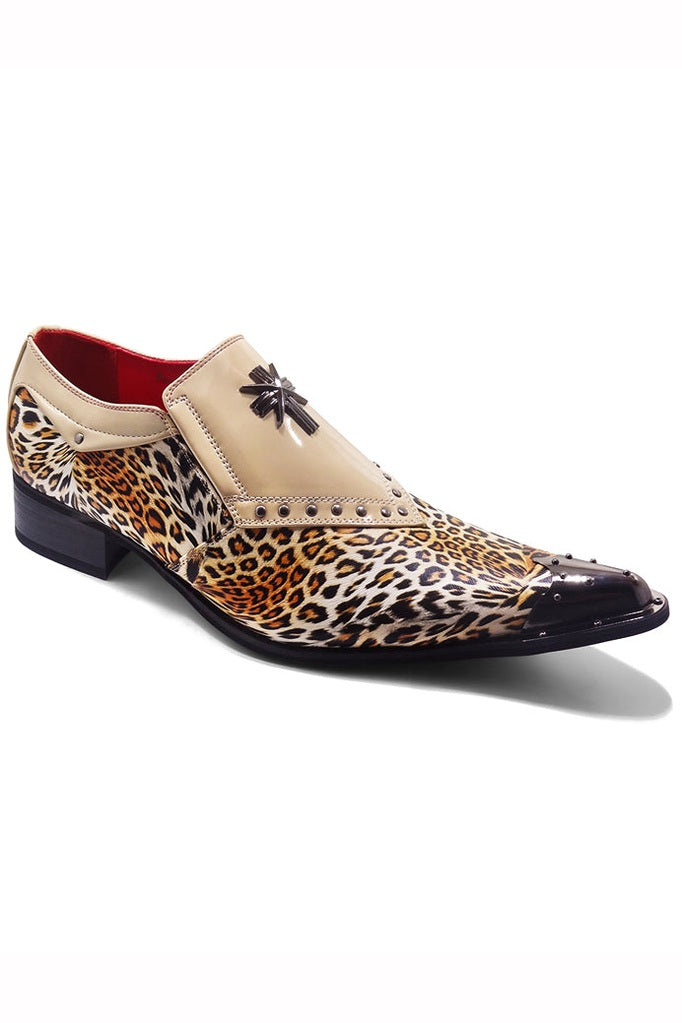 BEIGE PATENT LEOPARD PRINT LOAFER METAL TOE CAP
